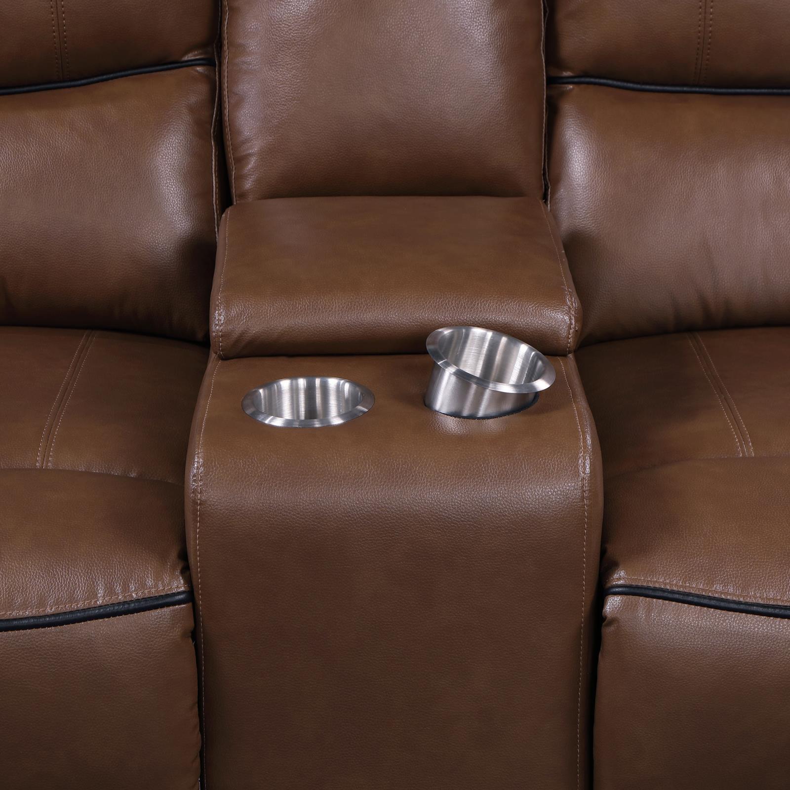 Greenfield Upholstered Power Reclining Loveseat With Console Saddle Brown 610265P - Ella Furniture