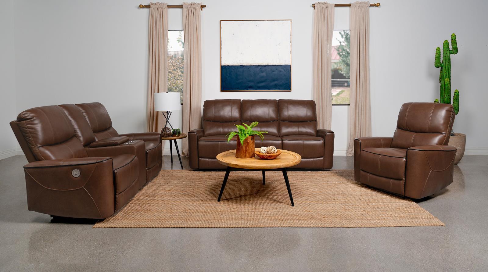 Greenfield Upholstered Power Reclining Loveseat With Console Saddle Brown 610265P - Ella Furniture