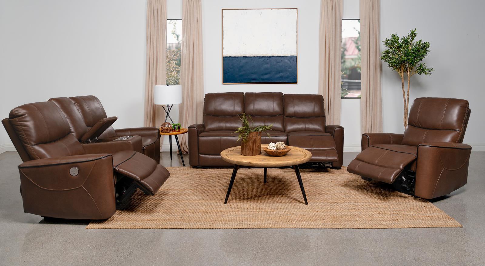Greenfield Upholstered Power Reclining Sofa Saddle Brown 610264P - Ella Furniture