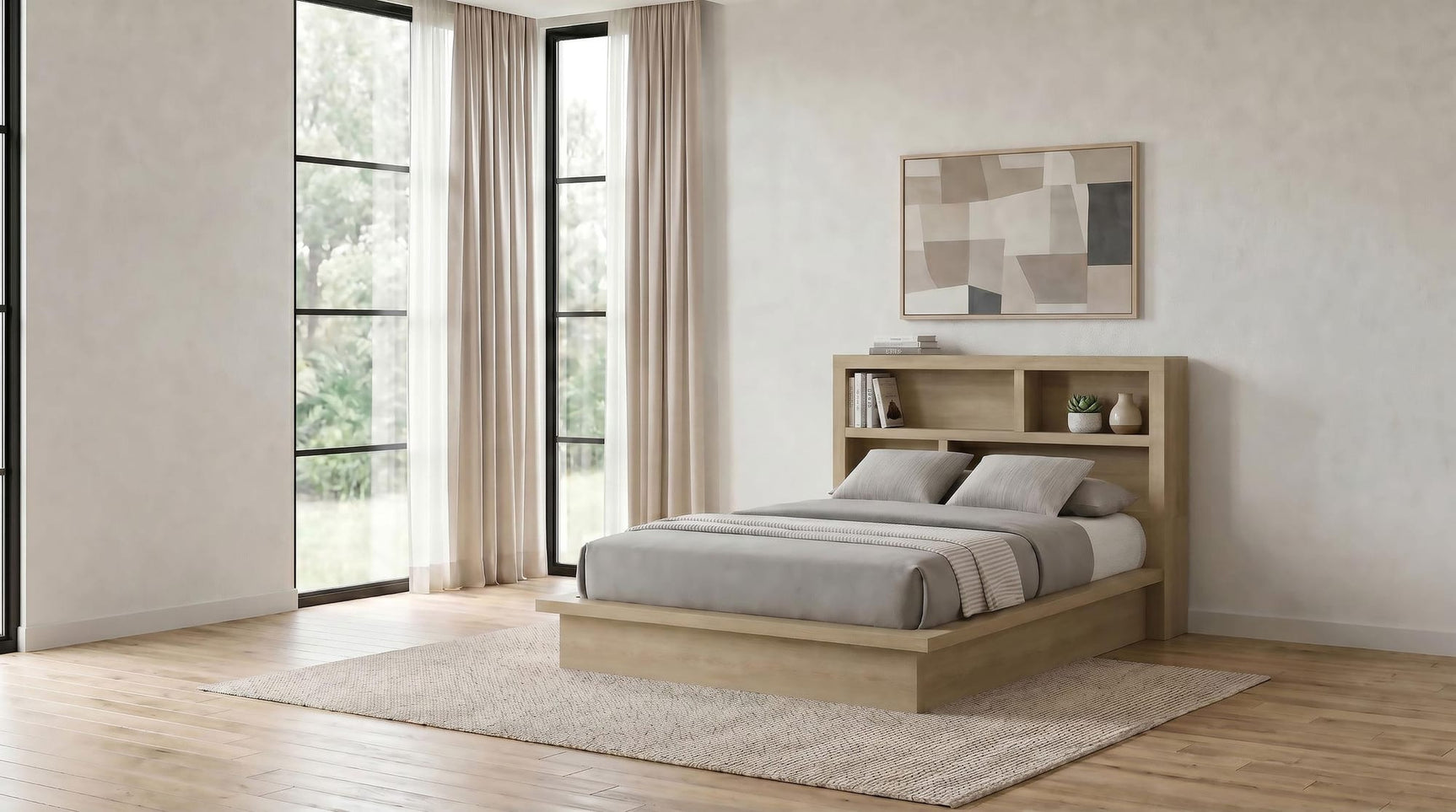 Hendricks Queen Bookcase Headboard Platform Bed Light Oak view 2