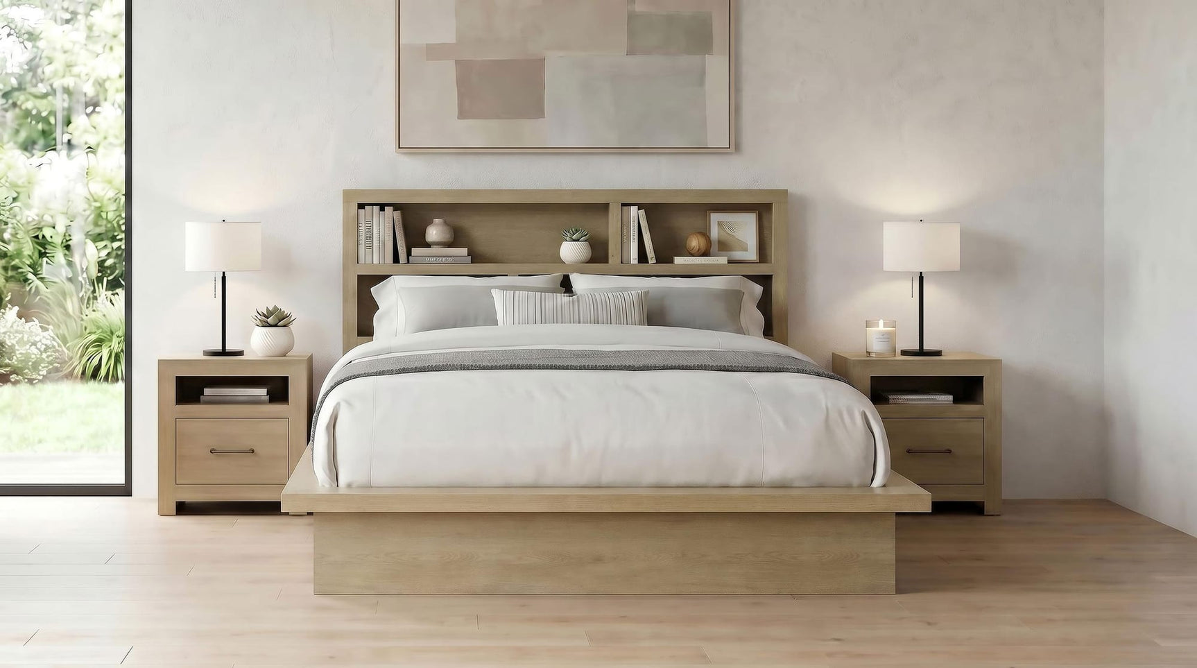 Hendricks Queen Bookcase Headboard Platform Bed Light Oak view 10