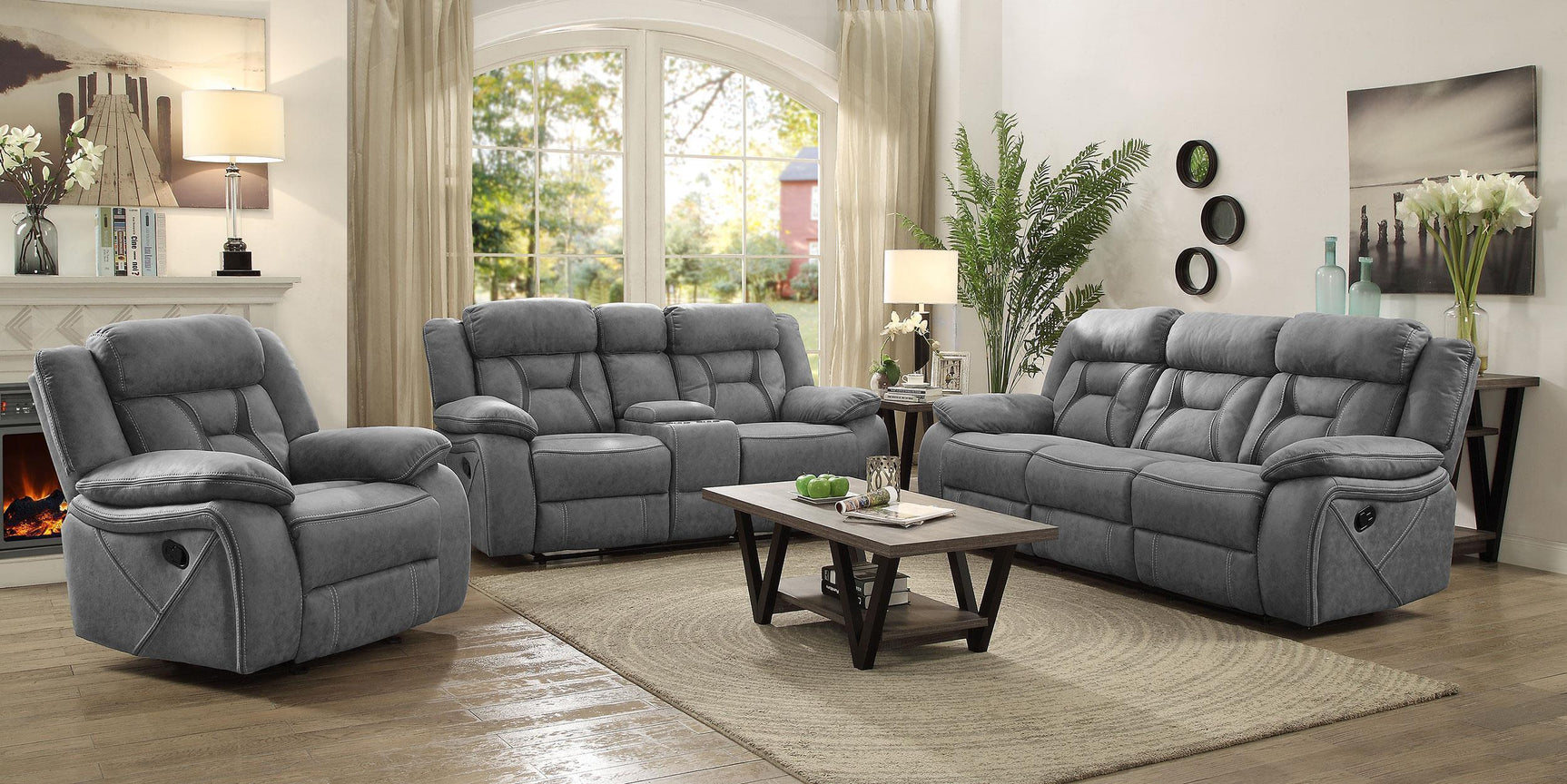 HIGGINS MOTION COLLECTION Houston Casual Stone Reclining Three-Piece Living Room Set 602261-S3 - Ella Furniture