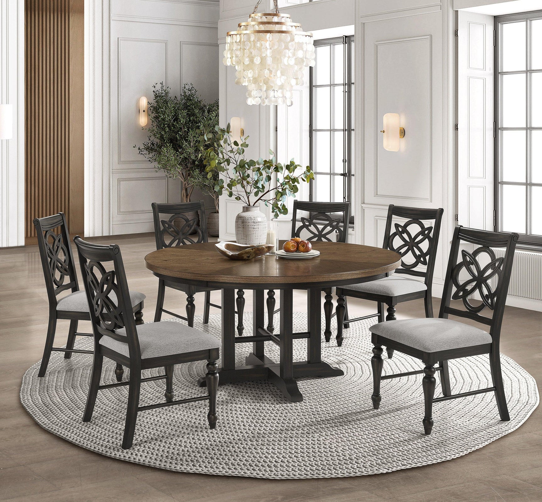 Hilara Brown/Gray Modern Solid Wood And Veneers Fabric Upholstered Round Dining Room Set - Ella Furniture