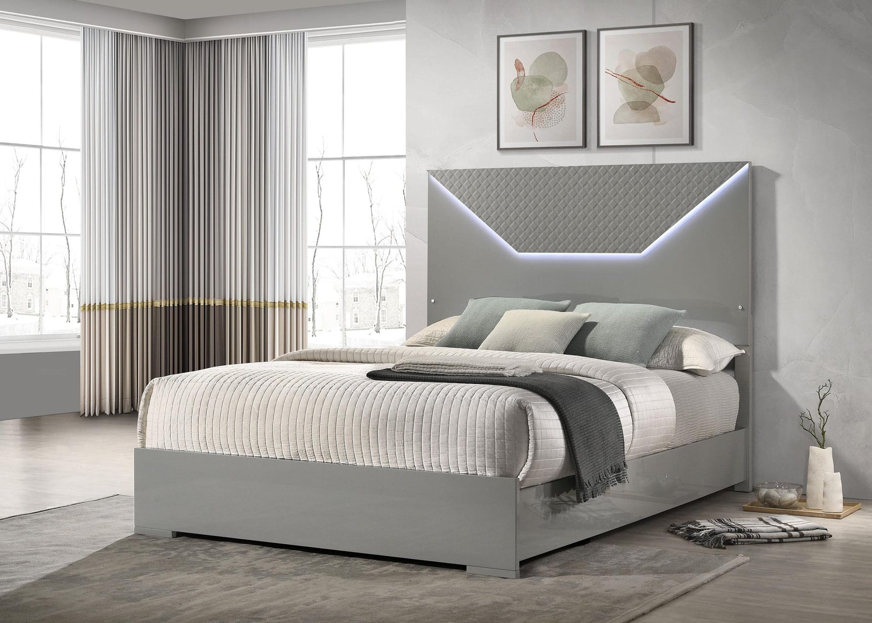 Ives Queen Panel Bed LED Headboard Grey High Gloss view 2