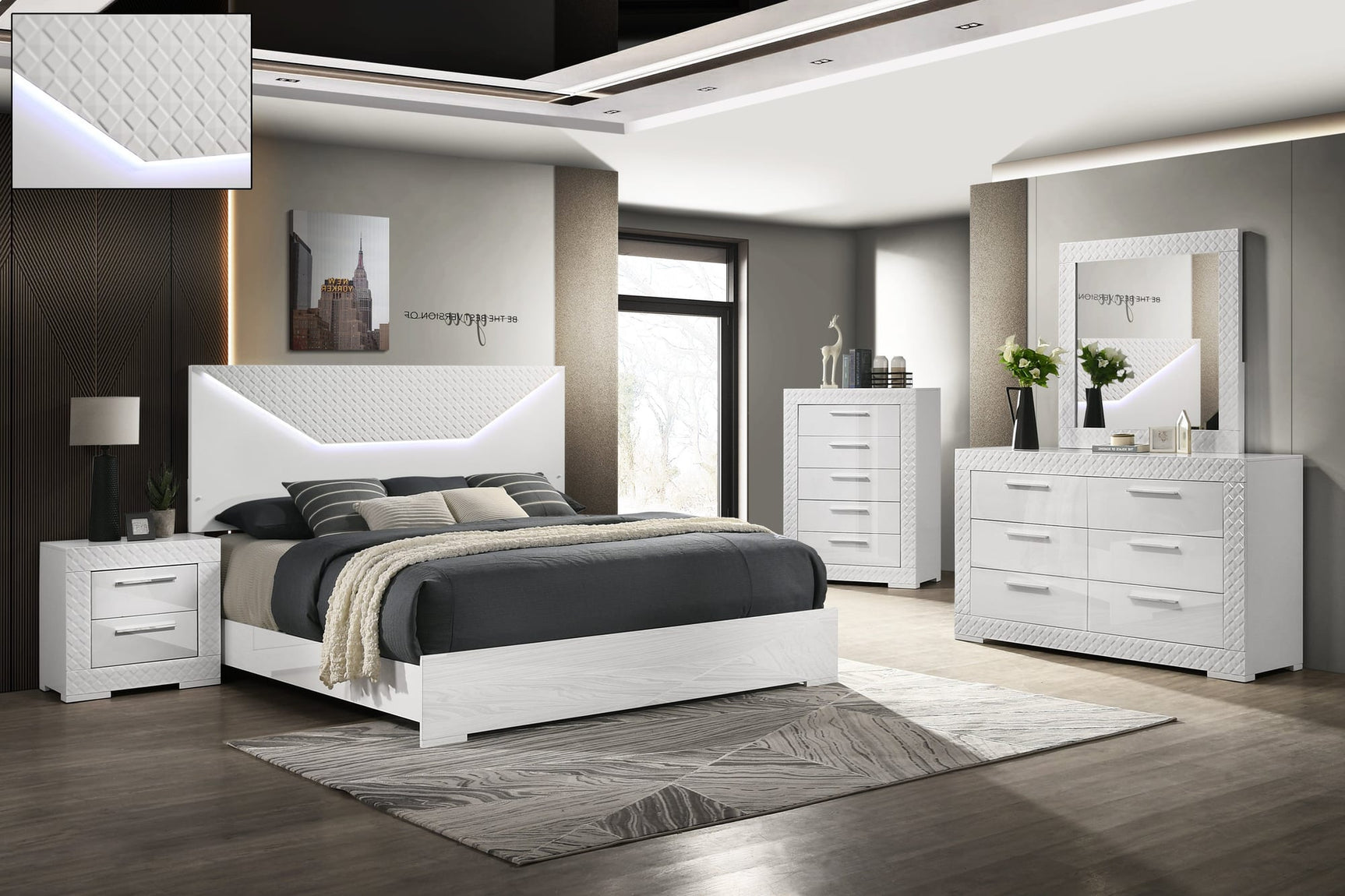 Ivette White High Gloss Bedroom Set with LED Headboard view 3