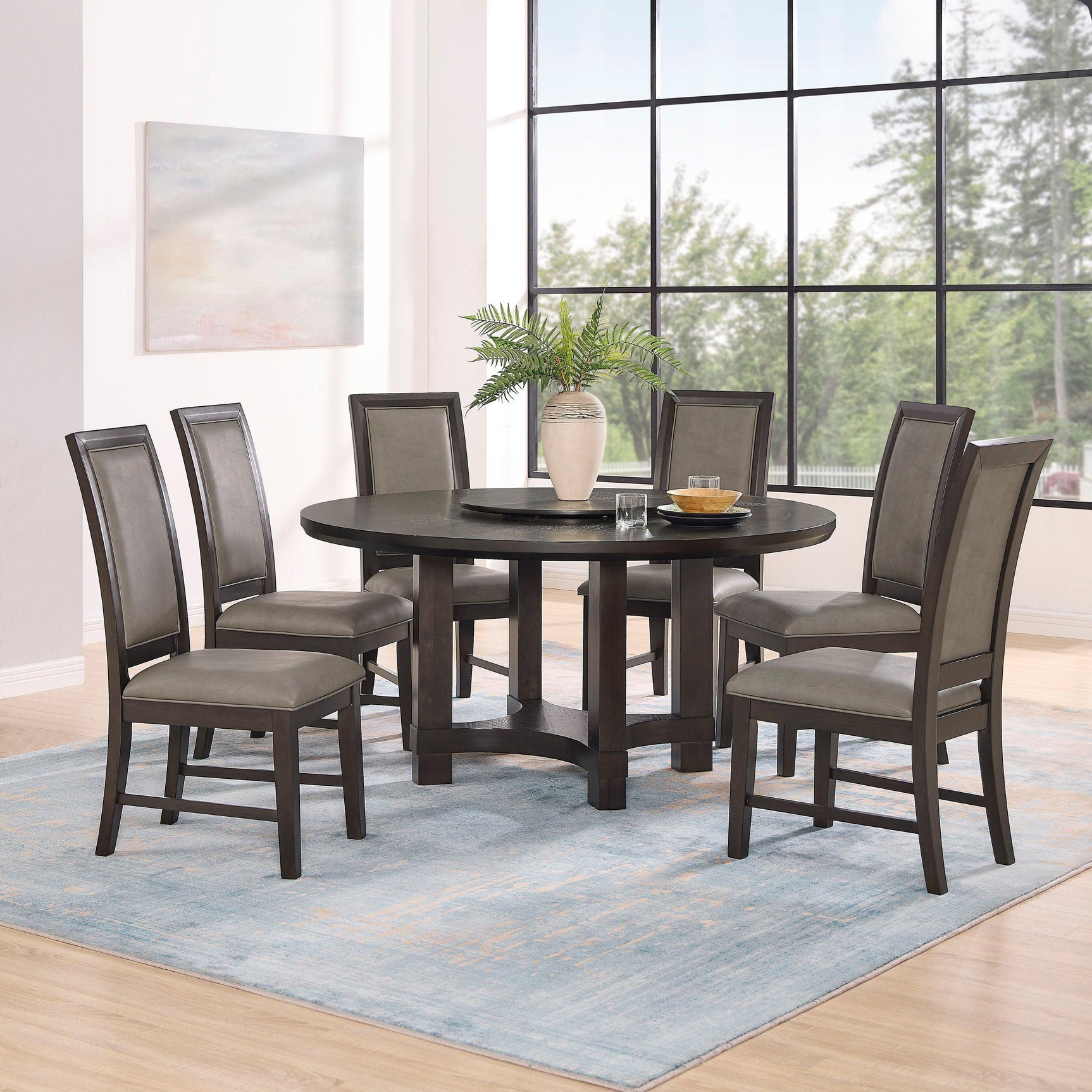 Jeffries Dark Brown Modern Solid Wood And Veneers Faux Leather Round Dining Room Set - Ella Furniture