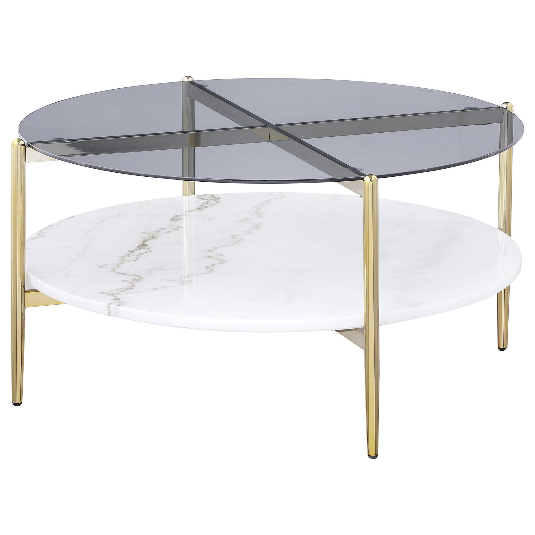 Jonelle Round Glass Top Coffee Table White Marble Shelf Gold 710338 - Ella Furniture