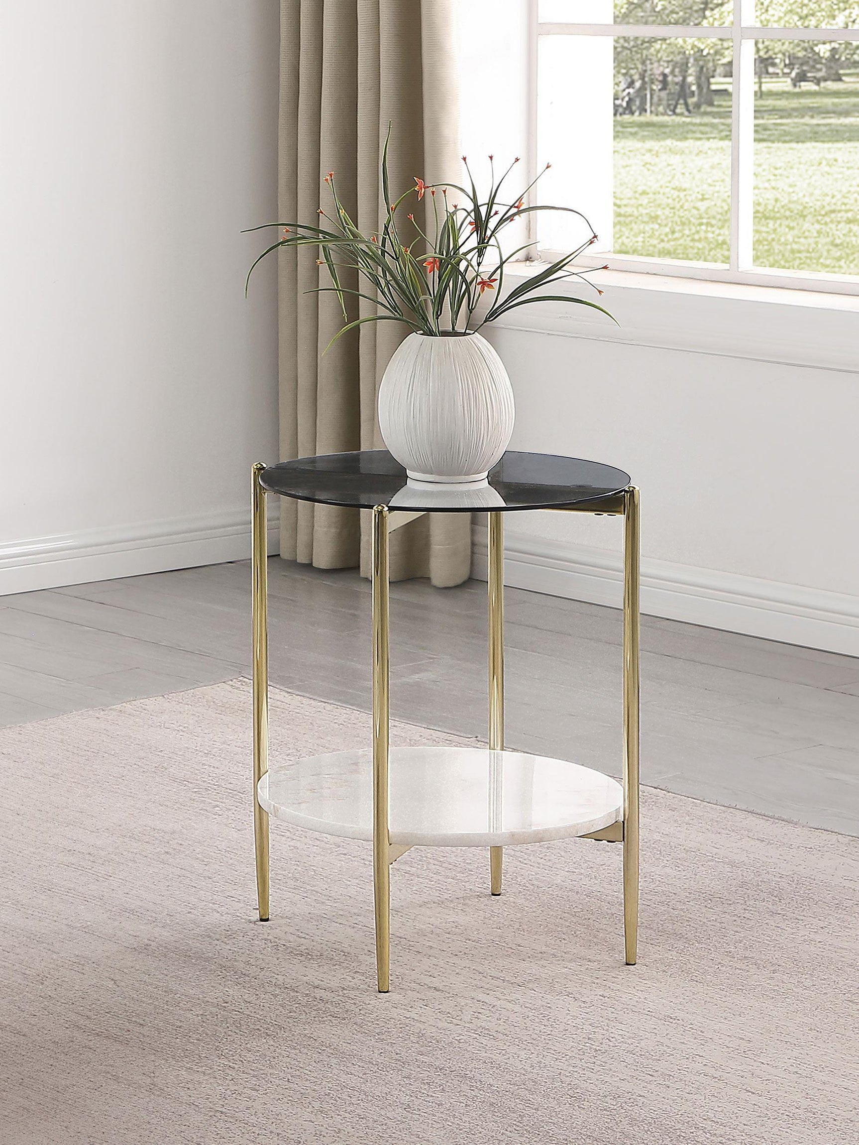Jonelle Round Glass Top End Table White Marble Shelf Gold 710337 - Ella Furniture