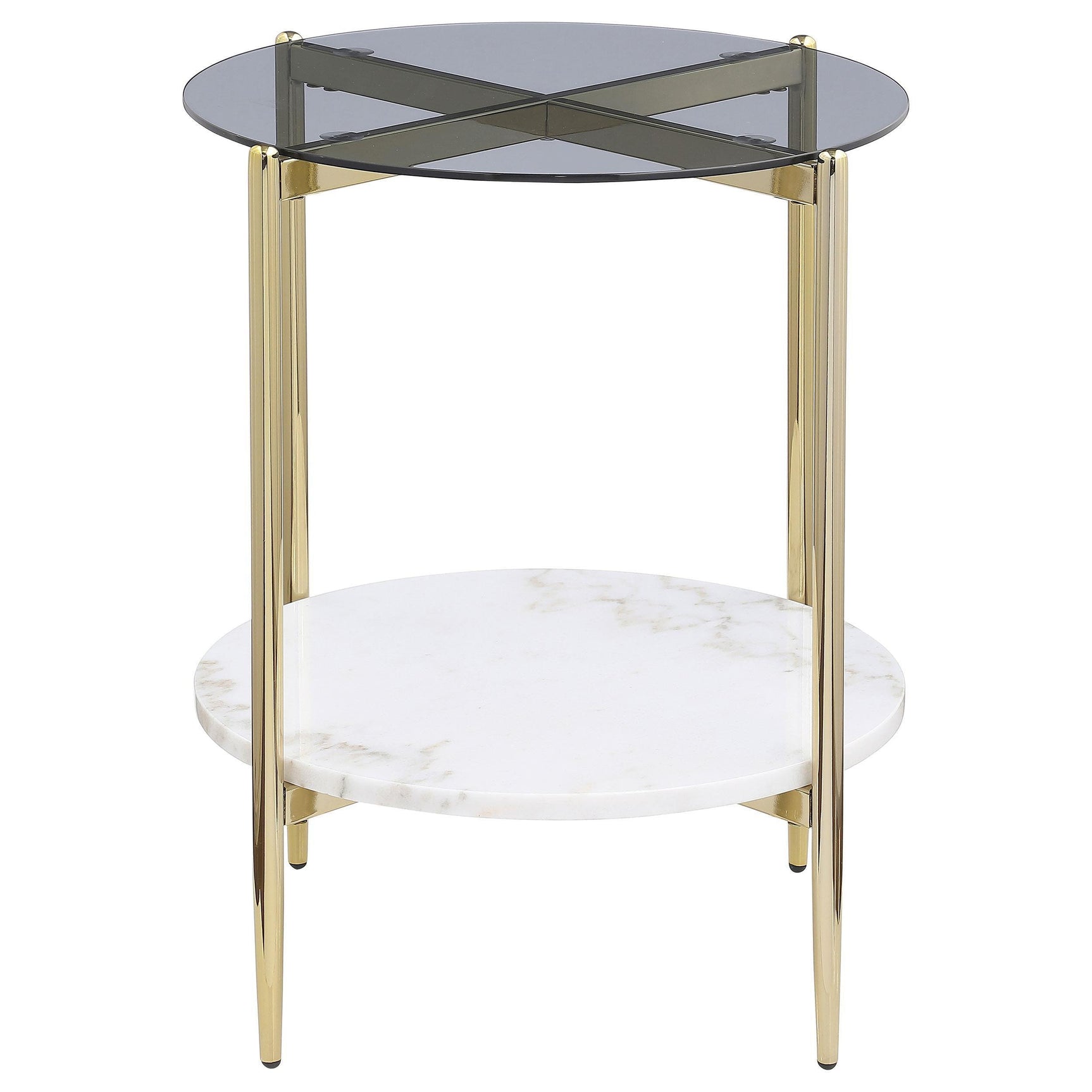 Jonelle Round Glass Top End Table White Marble Shelf Gold 710337 - Ella Furniture