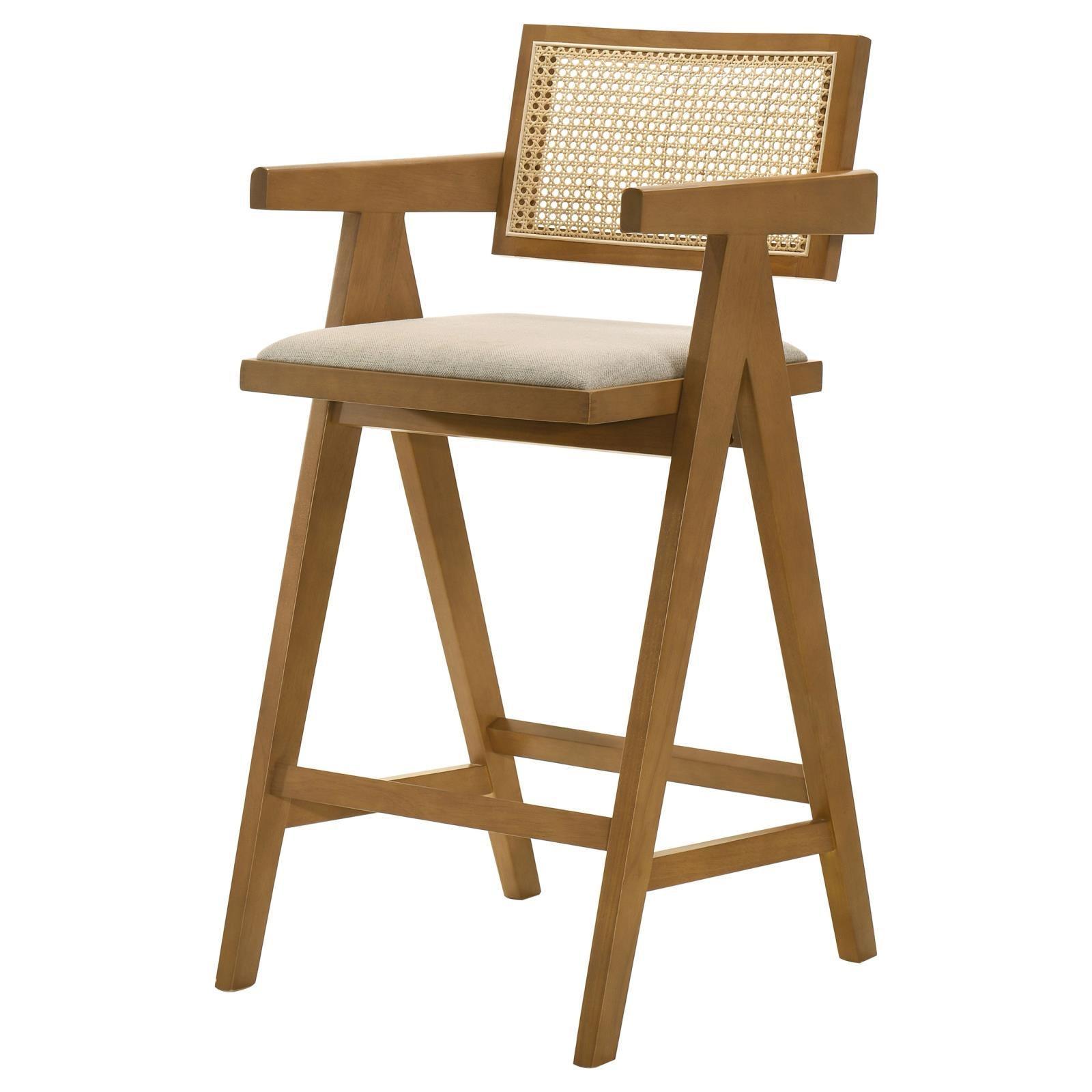 Kane Solid Wood Bar Stool With Woven Rattan Back And Upholstered Seat Light Walnut (Set Of 2) 182677 - Ella Furniture