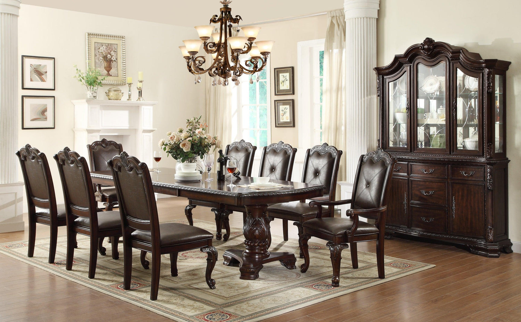 Kiera Brown Traditional Wood Veneers And Solids Formal Extendable Dining Room Set - Ella Furniture