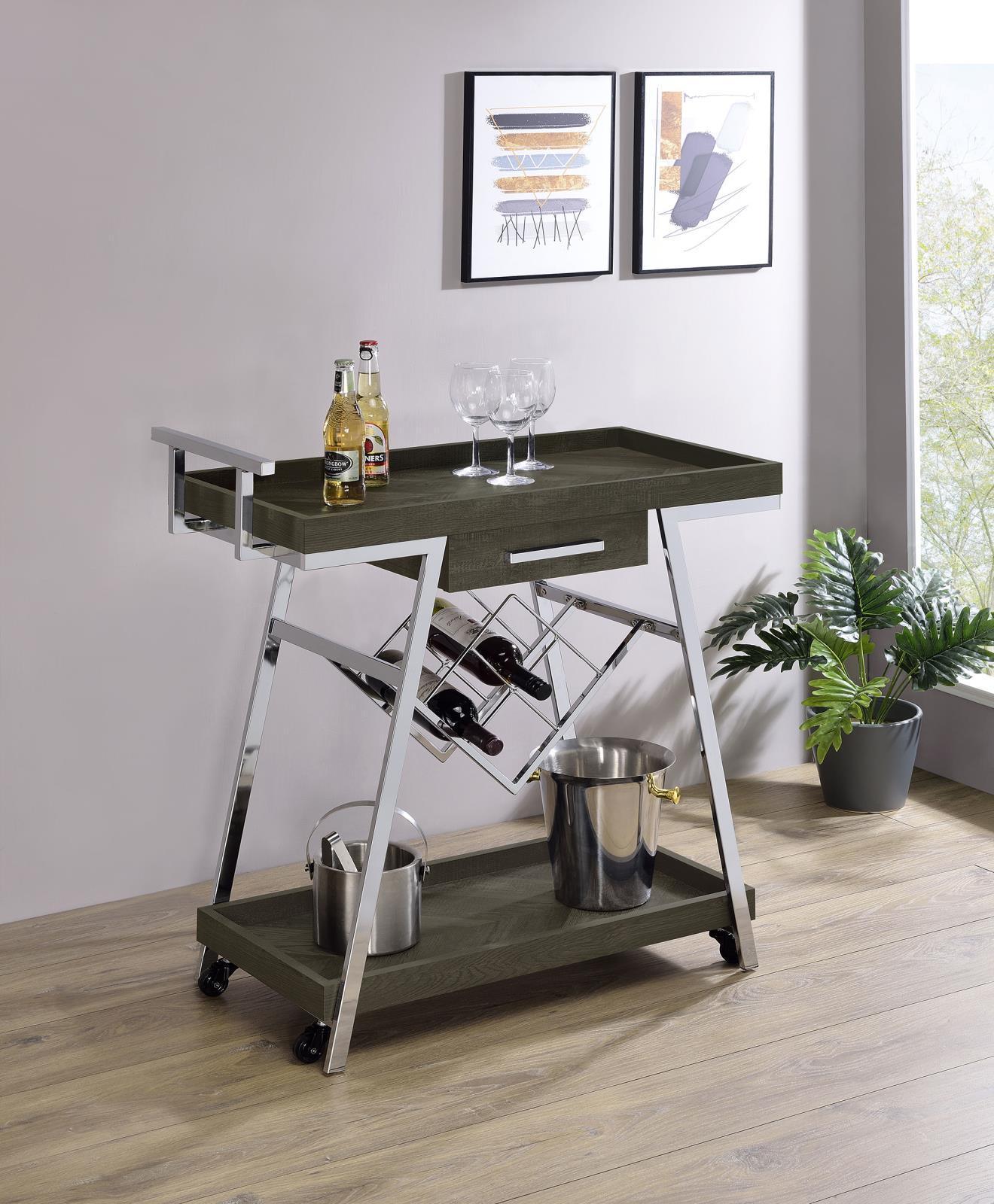 Kinney 2-Tier Bar Cart With Storage Drawer Rustic Grey And Chrome 181025 - Ella Furniture