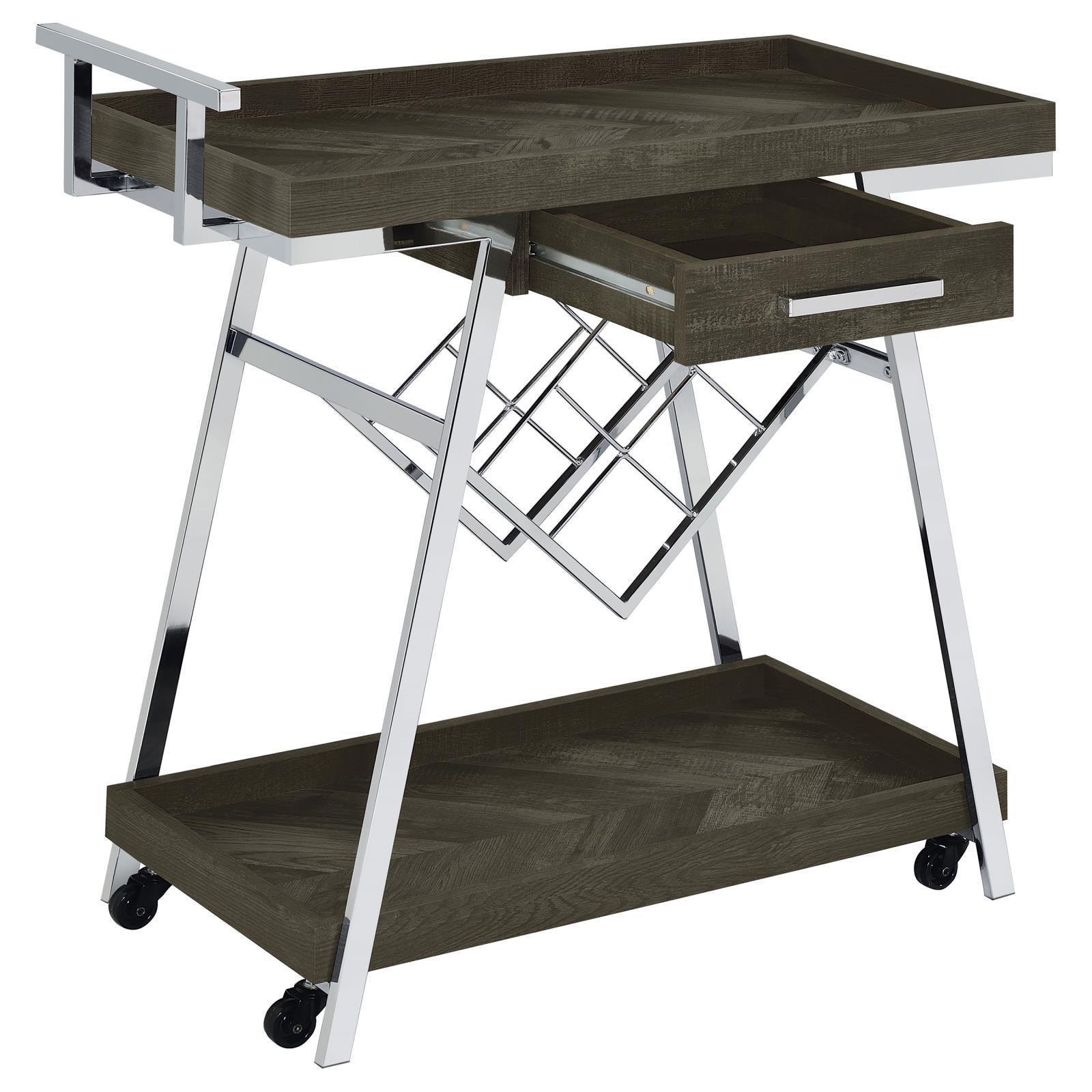 Kinney 2-Tier Bar Cart With Storage Drawer Rustic Grey And Chrome 181025 - Ella Furniture