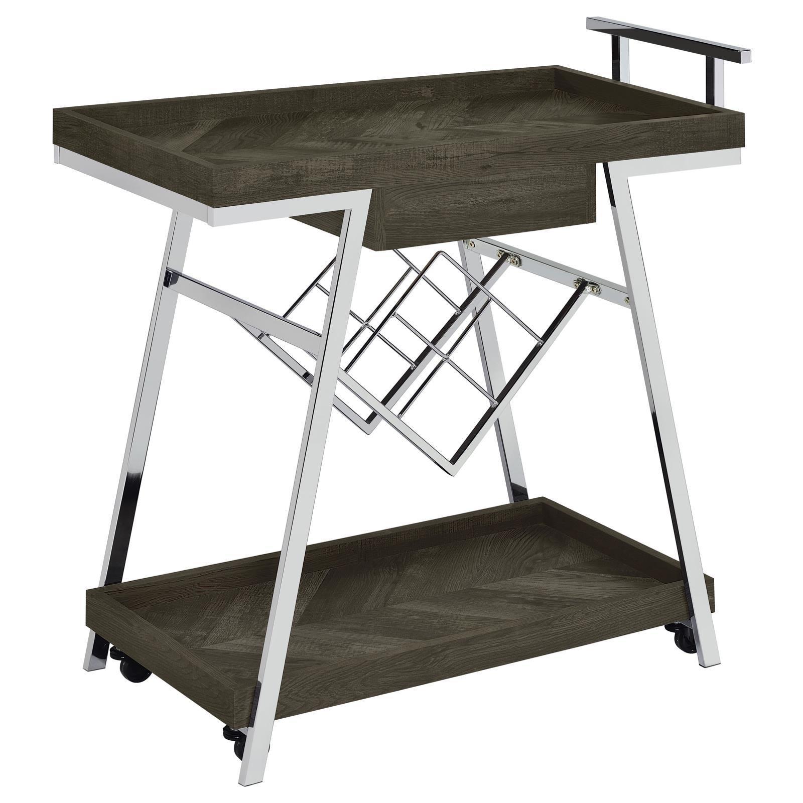 Kinney 2-Tier Bar Cart With Storage Drawer Rustic Grey And Chrome 181025 - Ella Furniture