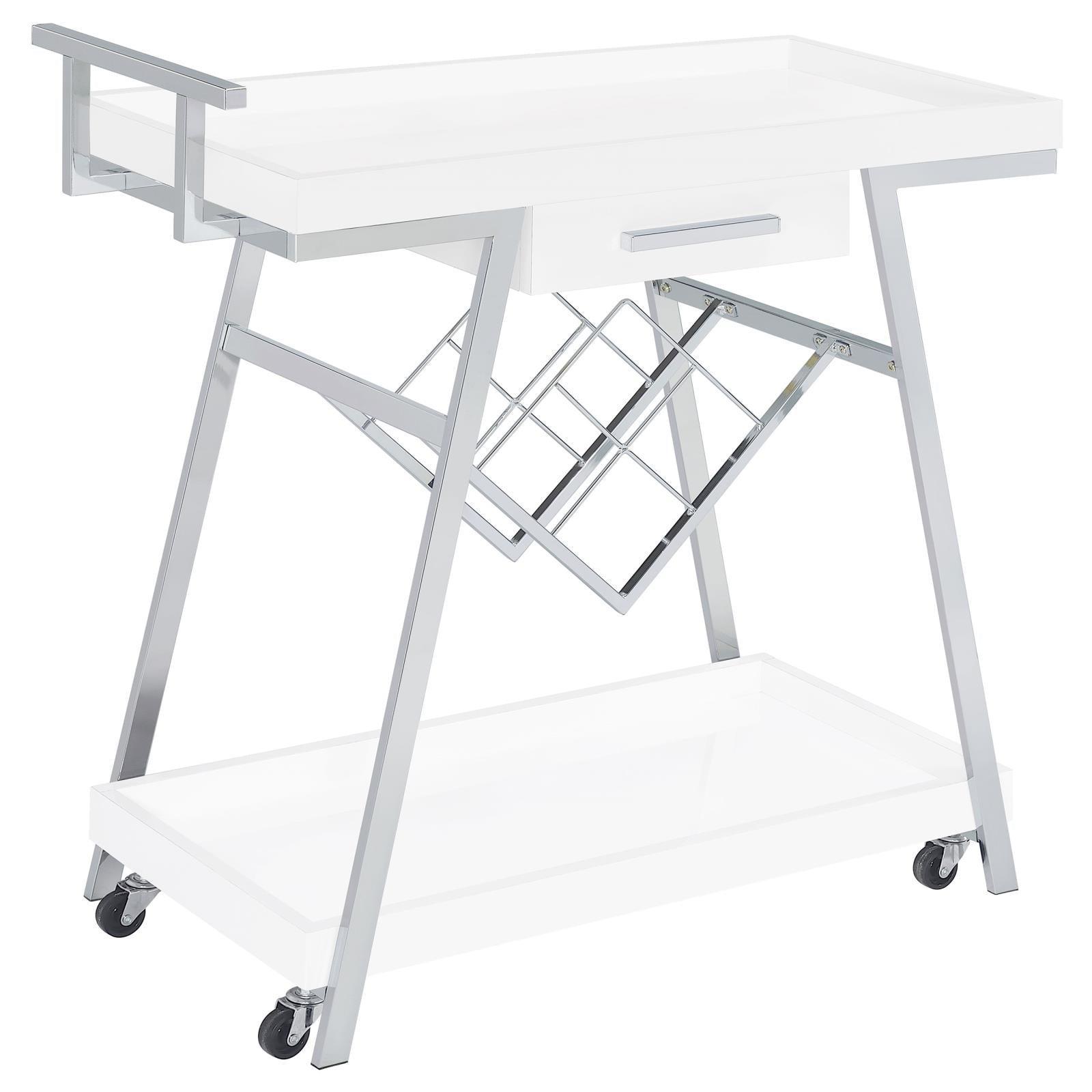 Kinney 2-Tier Bar Cart With Storage Drawer White High Gloss And Chrome 181024 - Ella Furniture
