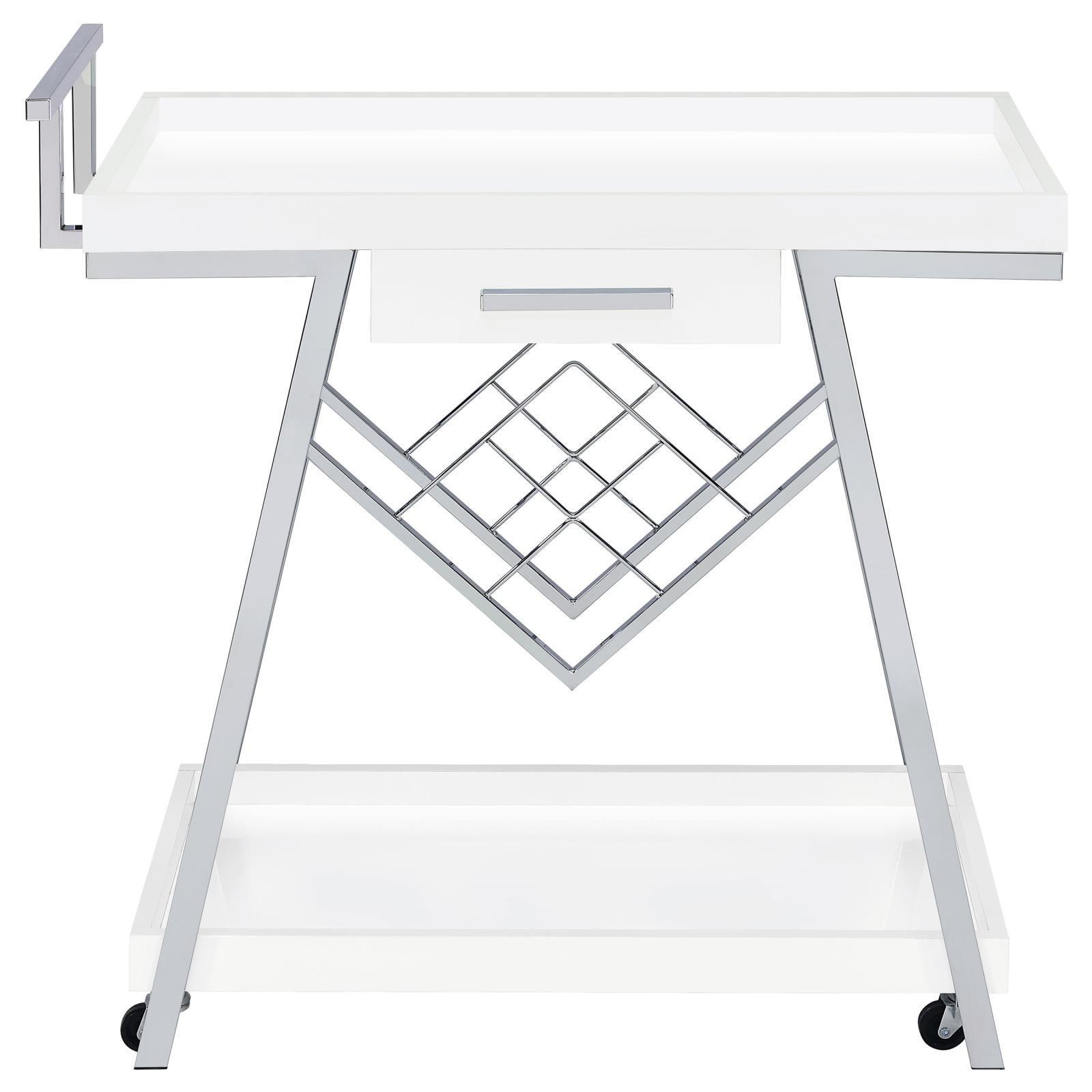 Kinney 2-Tier Bar Cart With Storage Drawer White High Gloss And Chrome 181024 - Ella Furniture