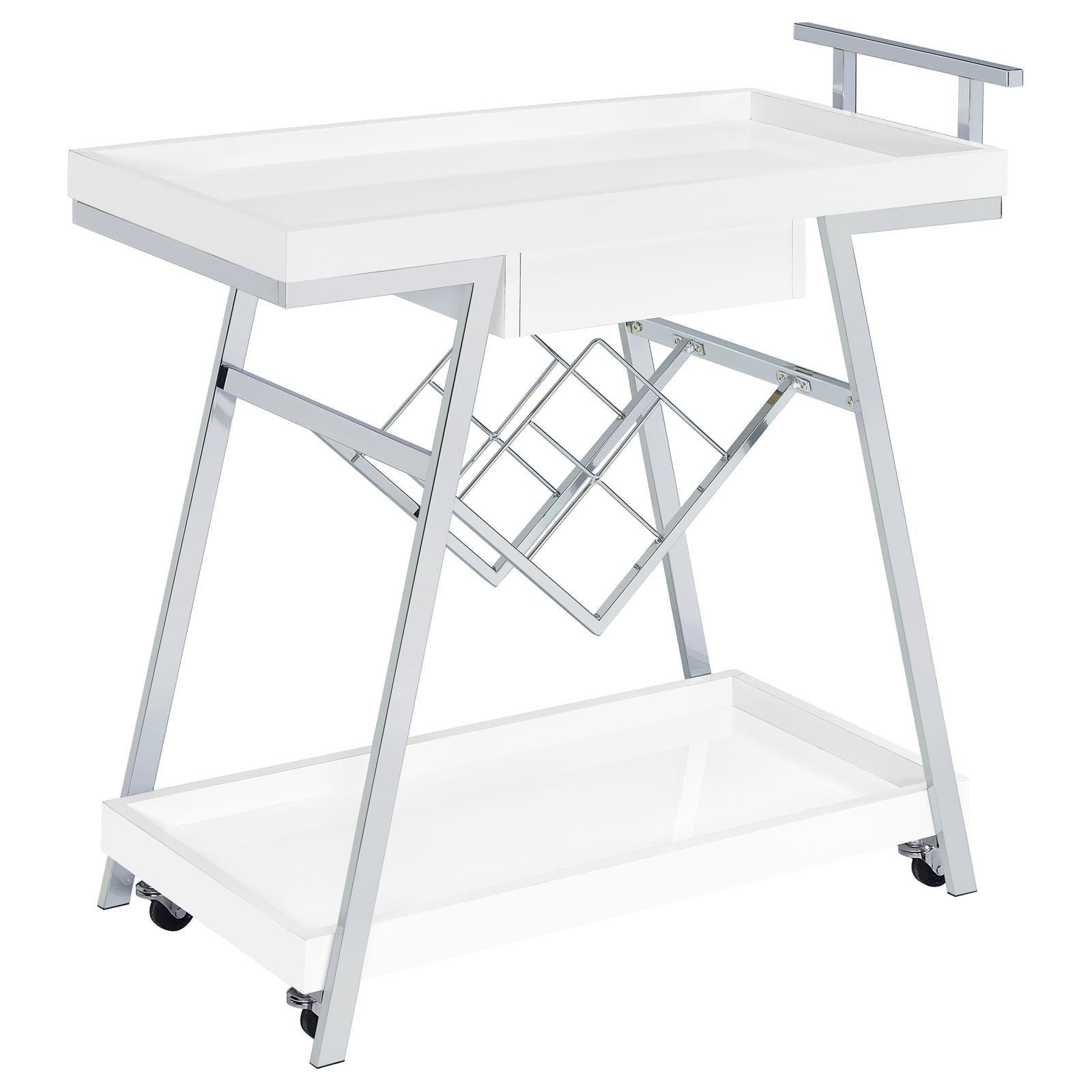 Kinney 2-Tier Bar Cart With Storage Drawer White High Gloss And Chrome 181024 - Ella Furniture