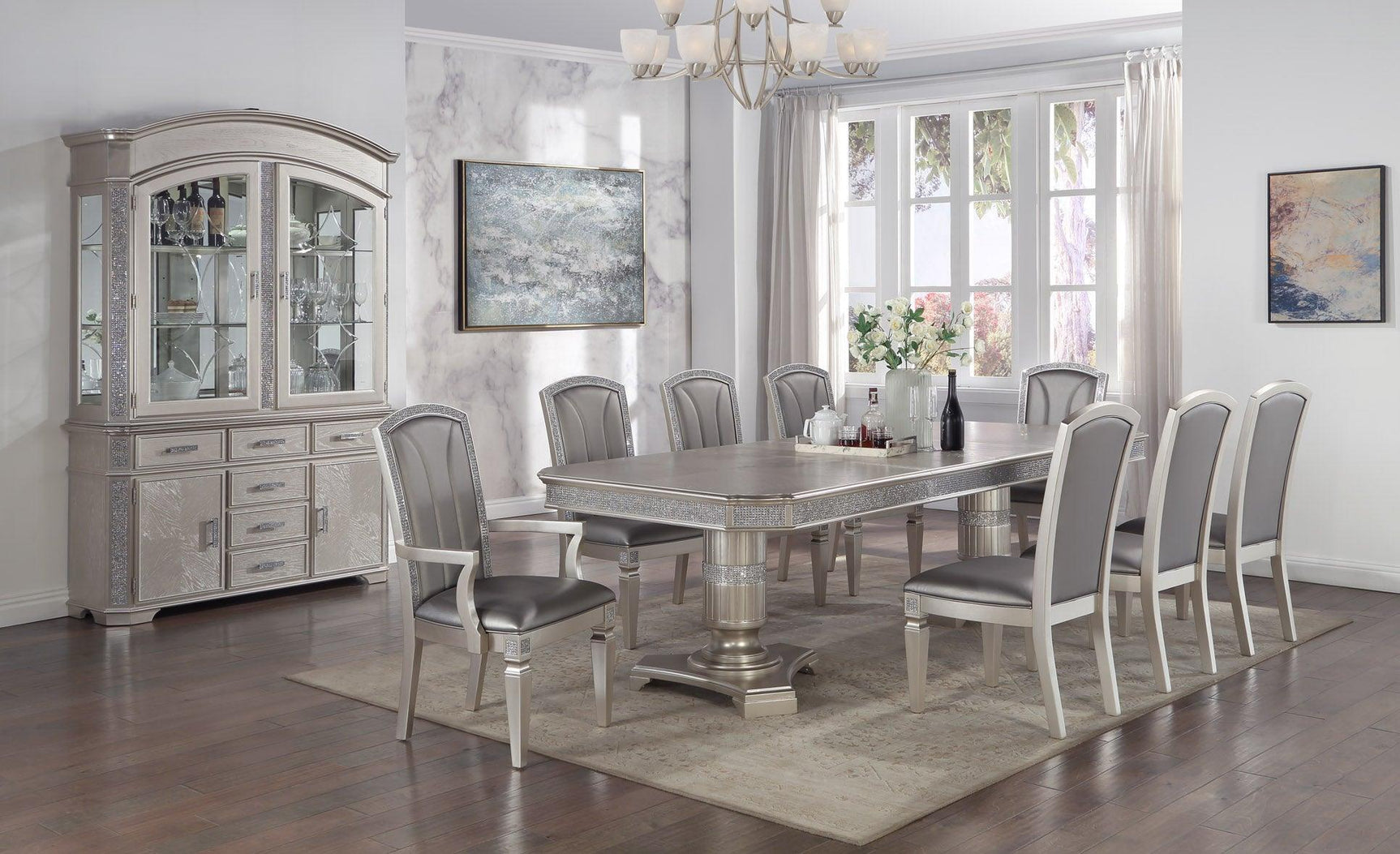 Klina Pedestal Gray Modern Sleek Metal Glass Pedestal Leg Dining Room Set - Ella Furniture