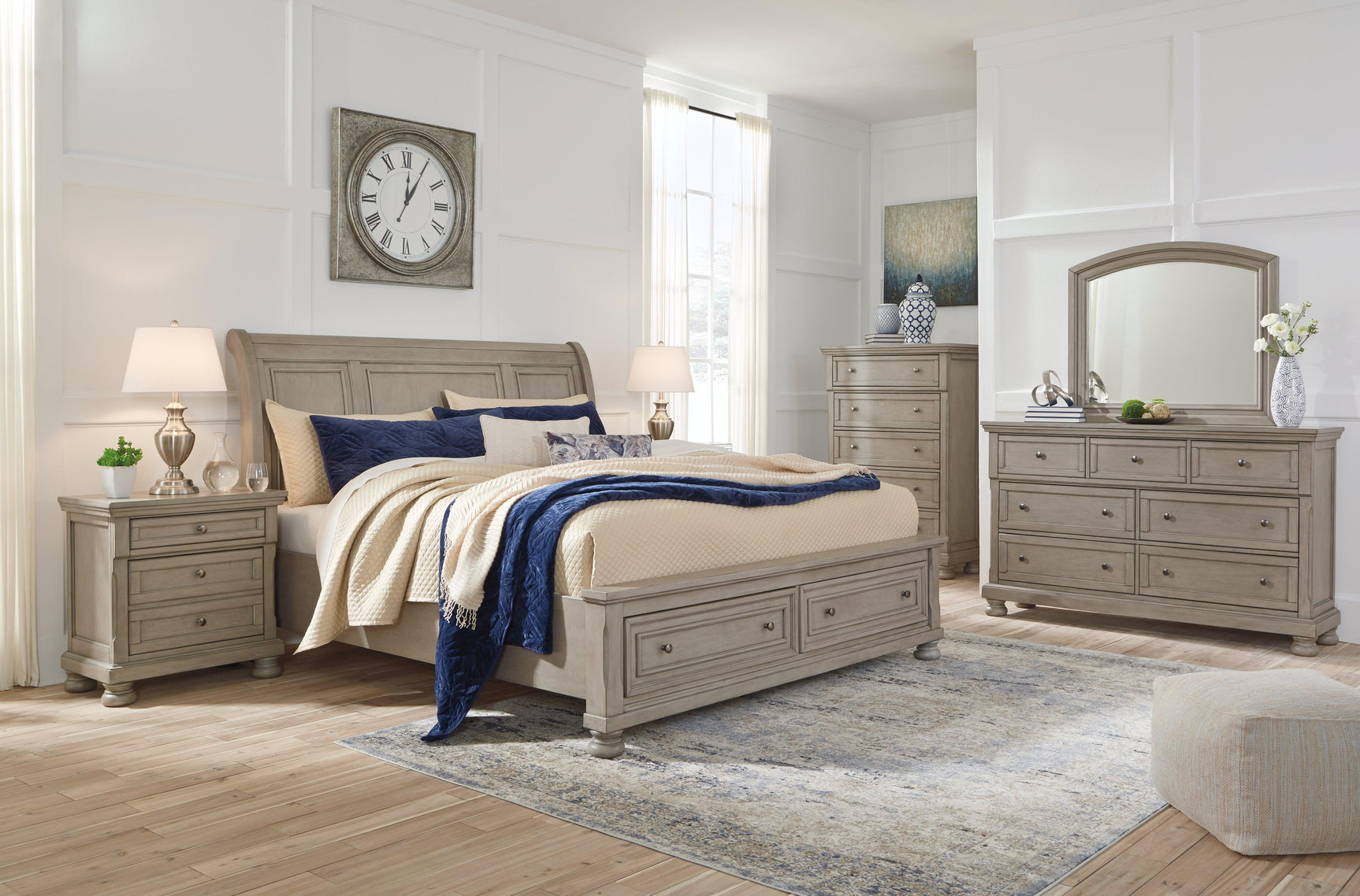 Lettner Light Gray Sleigh 2 Storage Bedroom Set - Ella Furniture