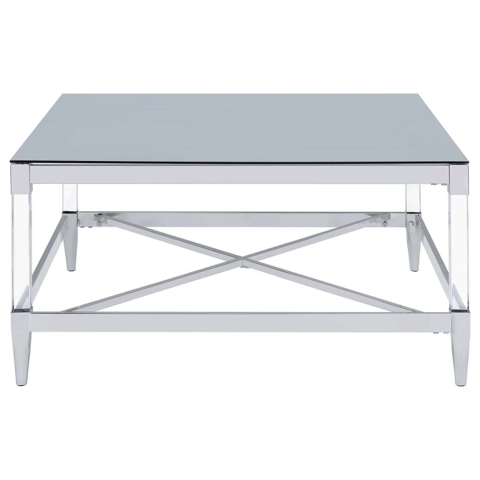 Lindley Square Coffee Table With Acrylic Legs And Tempered Mirror Top Chrome 709728 - Ella Furniture