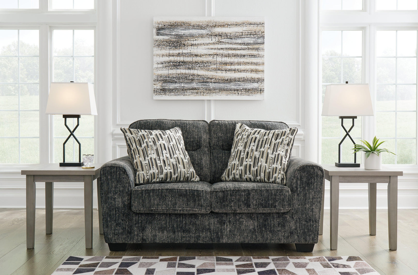 Lonoke Gunmetal Sofa, Loveseat, Chair And Ottoman - Ella Furniture