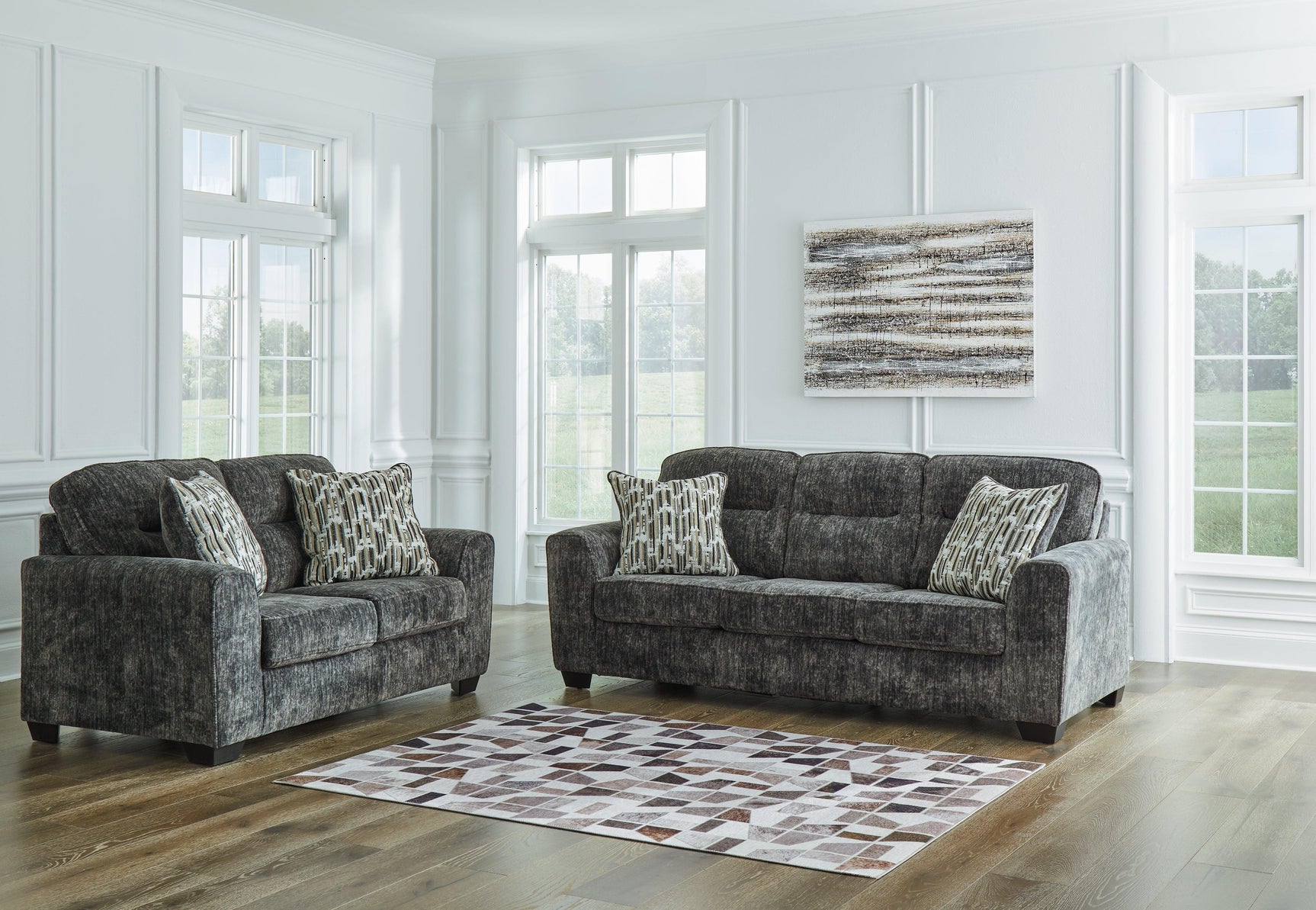 Lonoke Gunmetal Sofa, Loveseat, Chair And Ottoman - Ella Furniture