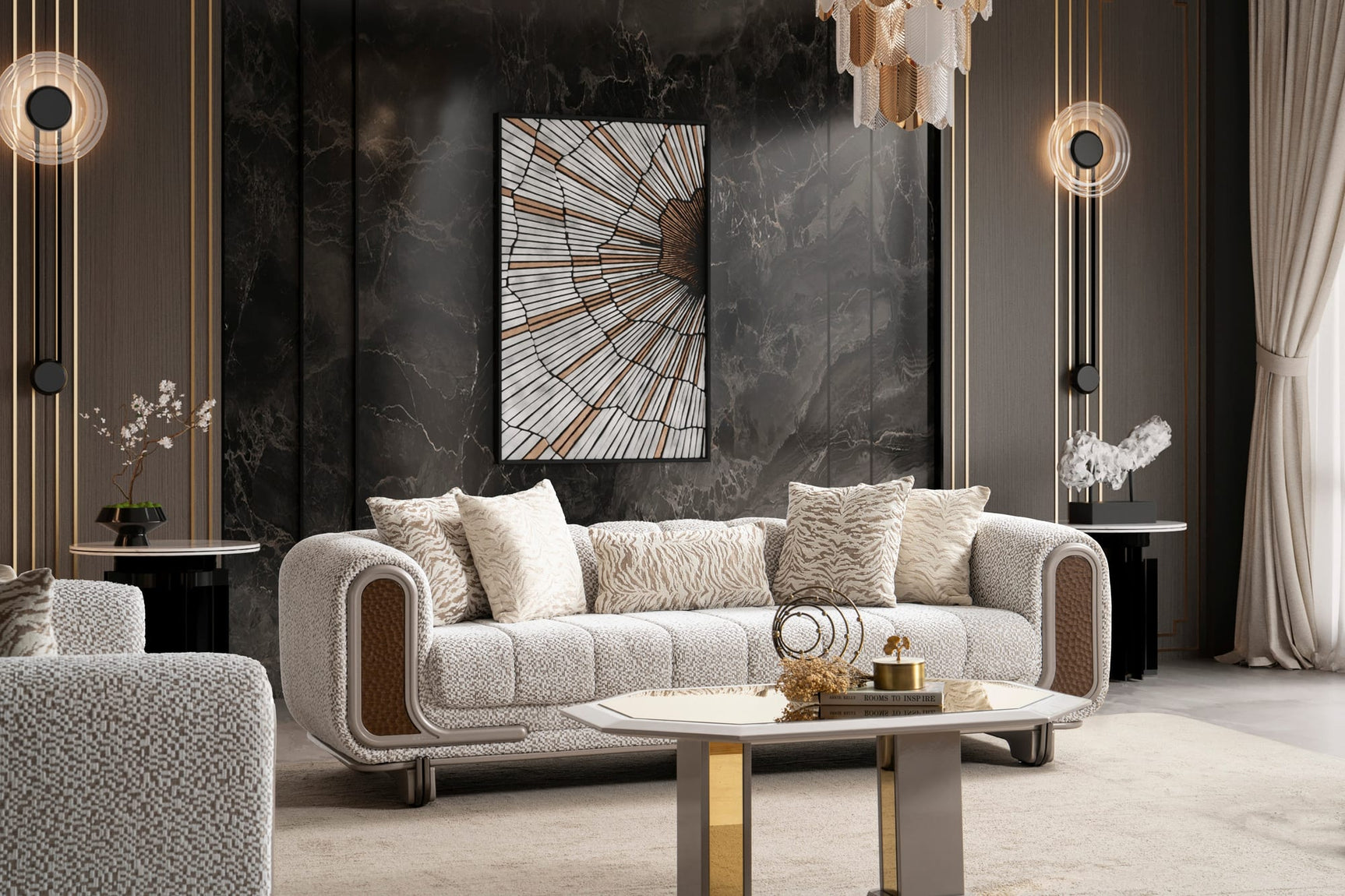 Lora Sofa, Loveseat, and Chair Set with Curved Wood-Trimmed Arms view 5