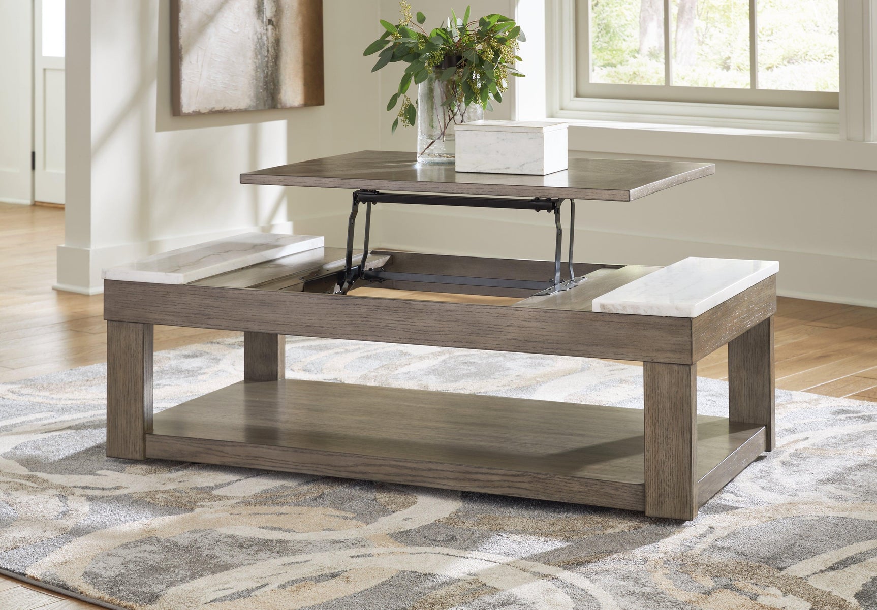 Loyaska Grayish Brown/White Lift-Top Coffee Table - Ella Furniture