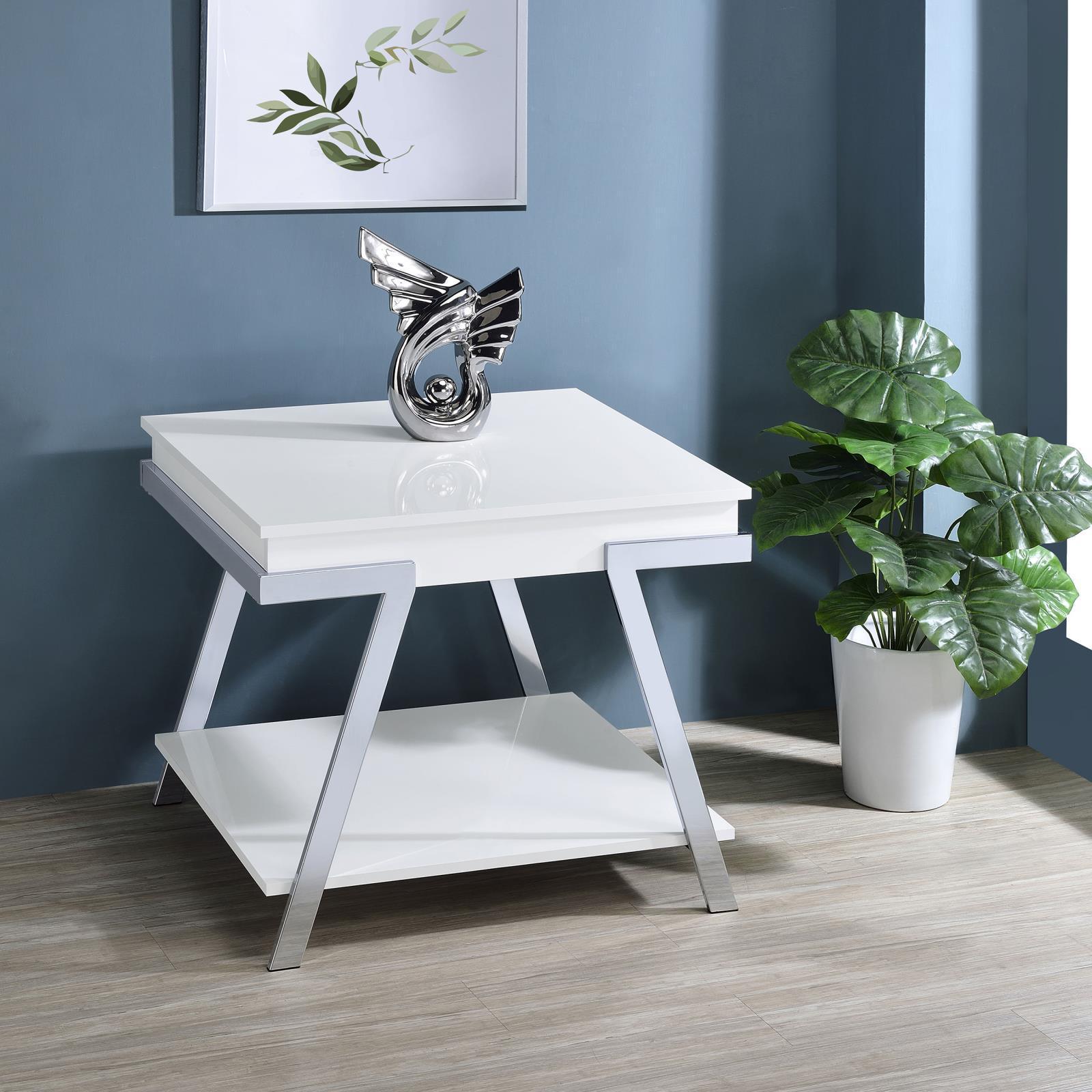 Marcia Wood Rectangular End Table White High Gloss And Chrome 708157 - Ella Furniture