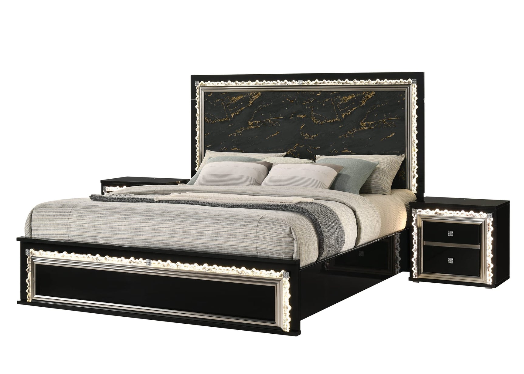 Marco Bold Black Bedroom Set with Marble-Inspired Headboard and LED Crystal Accents view 3