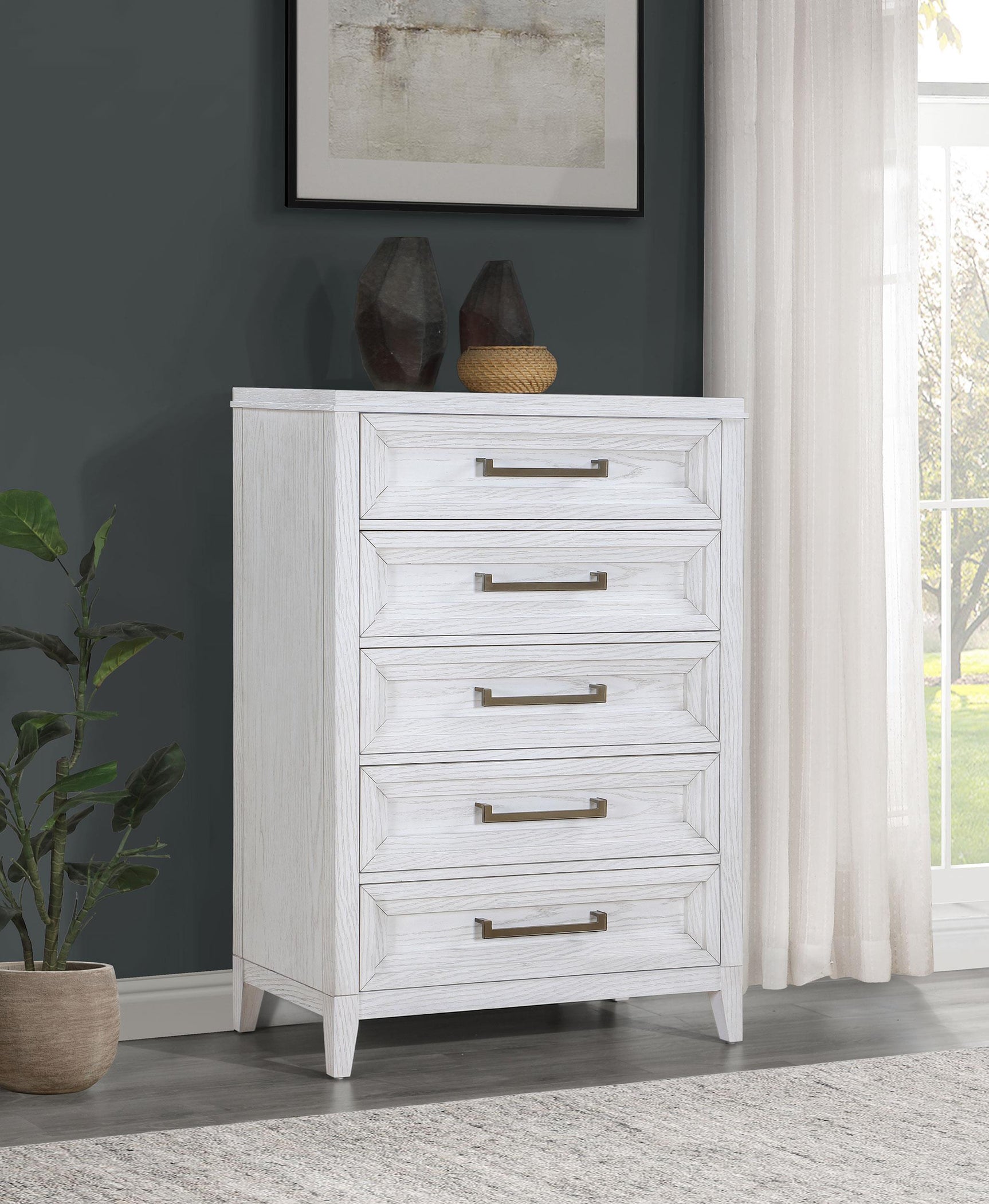 Marielle 5-drawer Bedroom Chest Distressed White 224845 - Ella Furniture