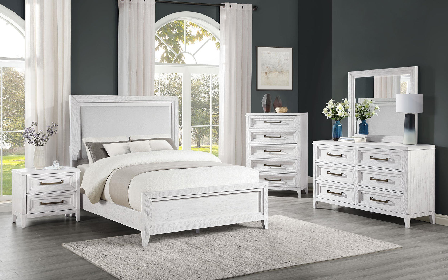 Marielle Queen Upholstered LED Panel Bed Distressed White 224841Q - Ella Furniture