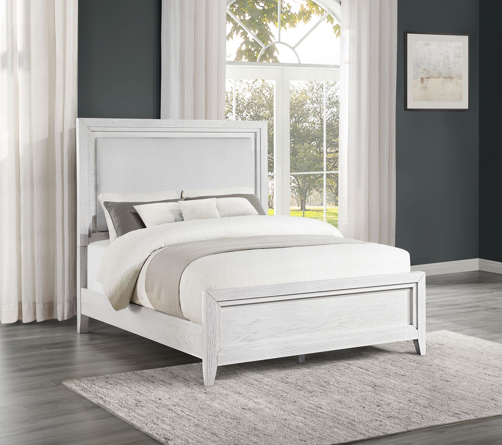 Marielle Queen Upholstered LED Panel Bed Distressed White 224841Q - Ella Furniture