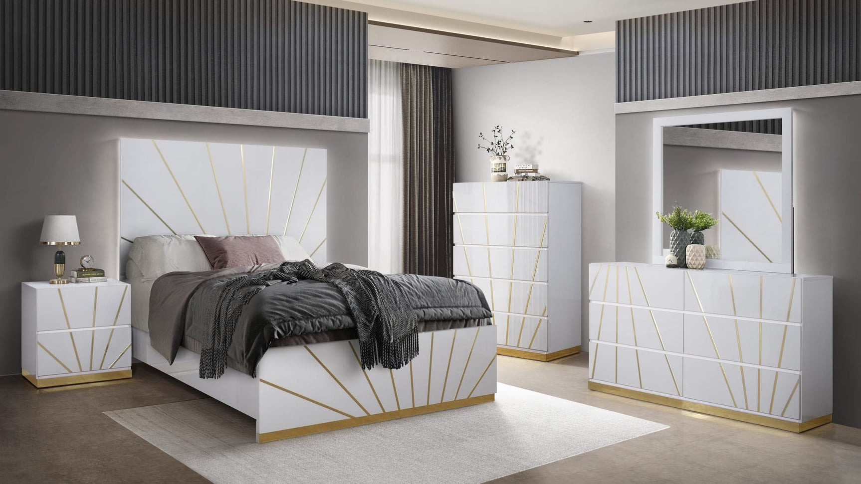 Martina White Bedroom Set with Gold Accent and LED from Ella Furniture