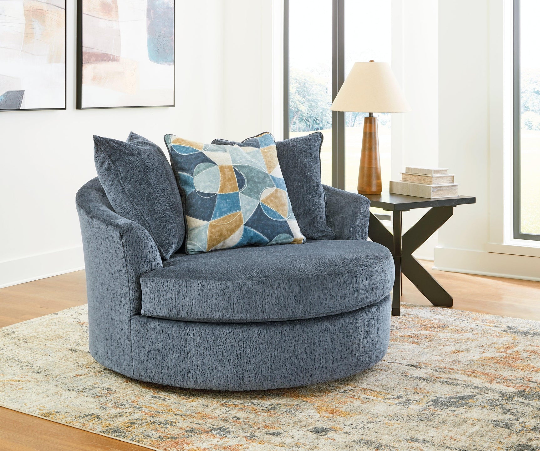 Maxon Place Navy Chenille Oversized Swivel Accent Chair - Ella Furniture