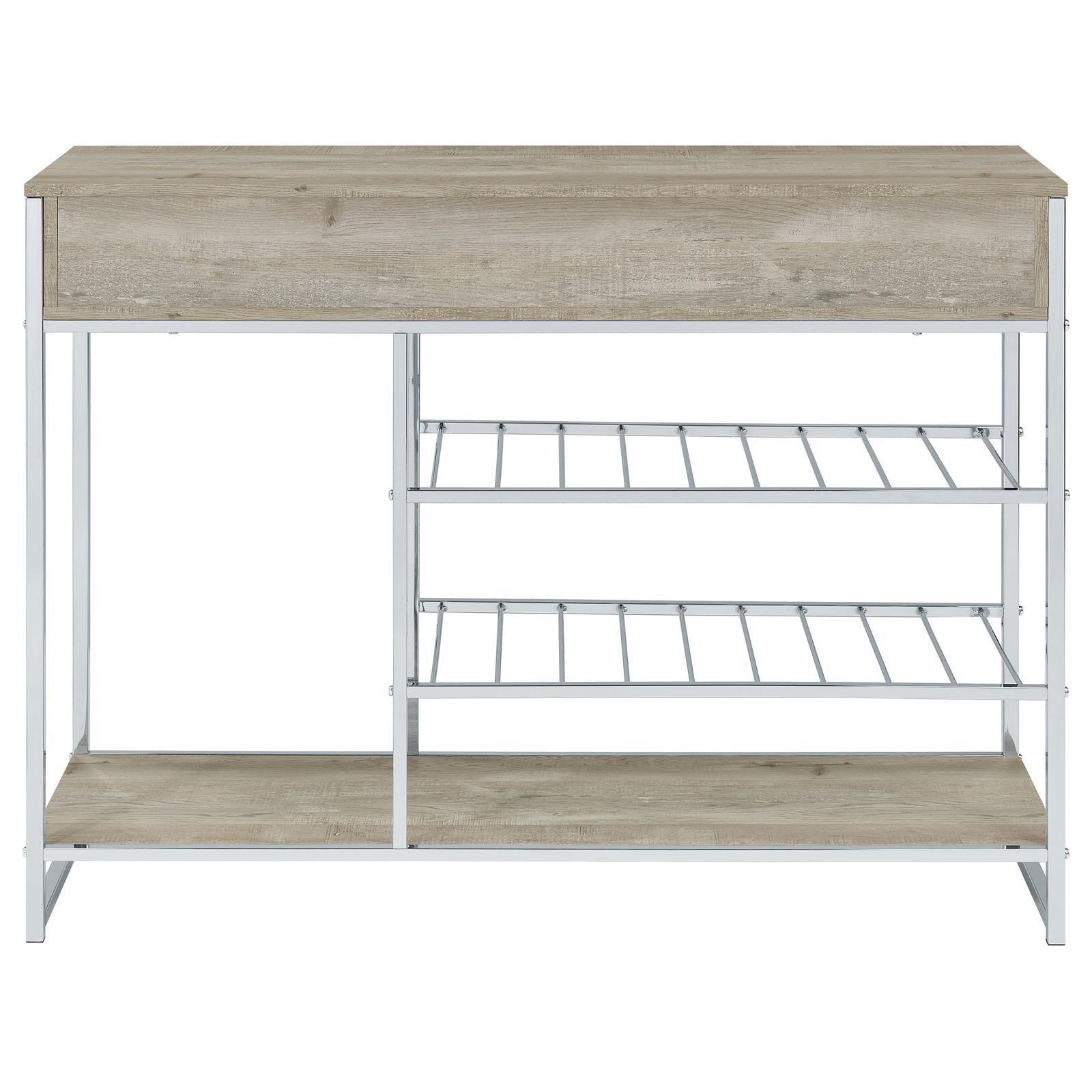 Melrose 2-Shelf Wine Cabinet With 2 Drawers Gray Washed Oak And Chrome 182275 - Ella Furniture