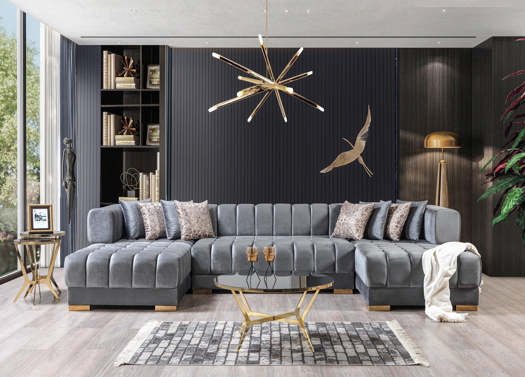 Mia Gray Velvet Double Chaise Sectional - Ella Furniture