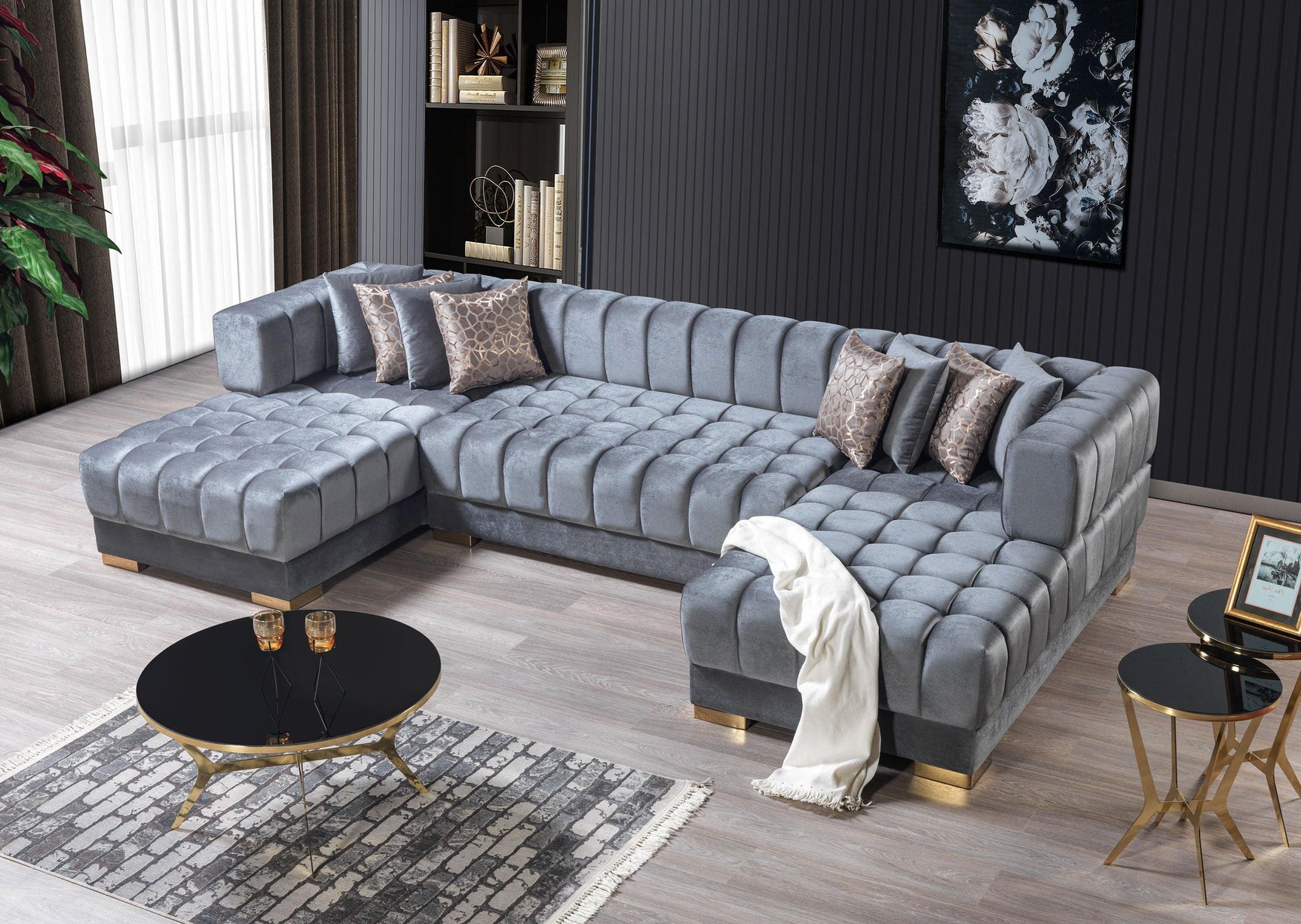 Mia Gray Velvet Double Chaise Sectional - Ella Furniture