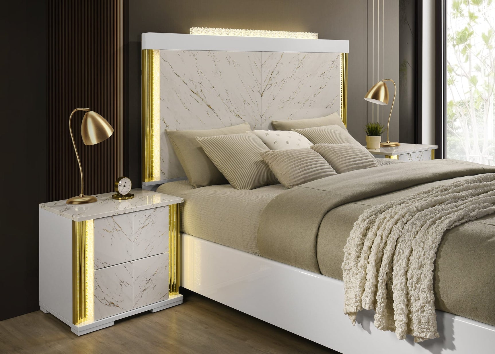 Mika Ultra-Modern Faux White Marble Bedroom Set with Warm Gold Veining and LED Ambient Lighting view 2