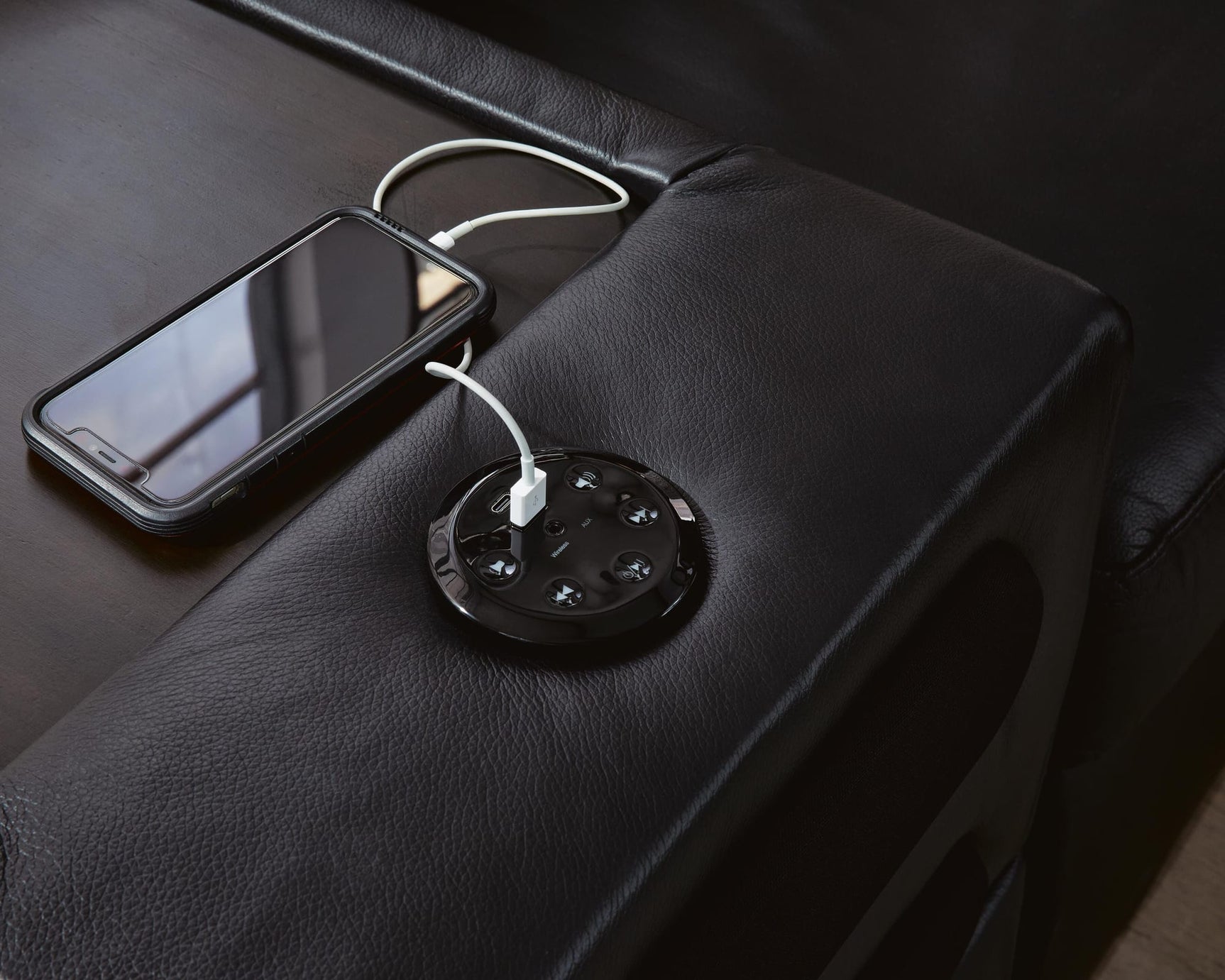 Modmax II Black Leather 8-Piece Sectional with Chaise and Audio Consoles detail view