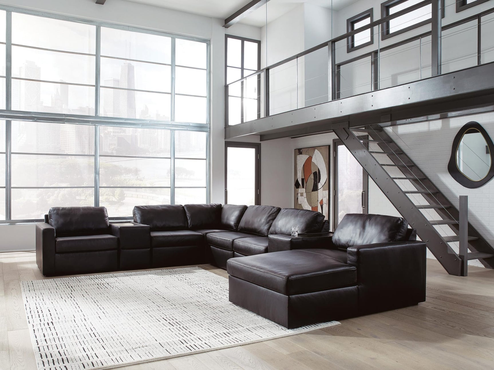 Modmax II Black Leather 8-Piece Sectional with Chaise and Storage Consoles from Ella Furniture