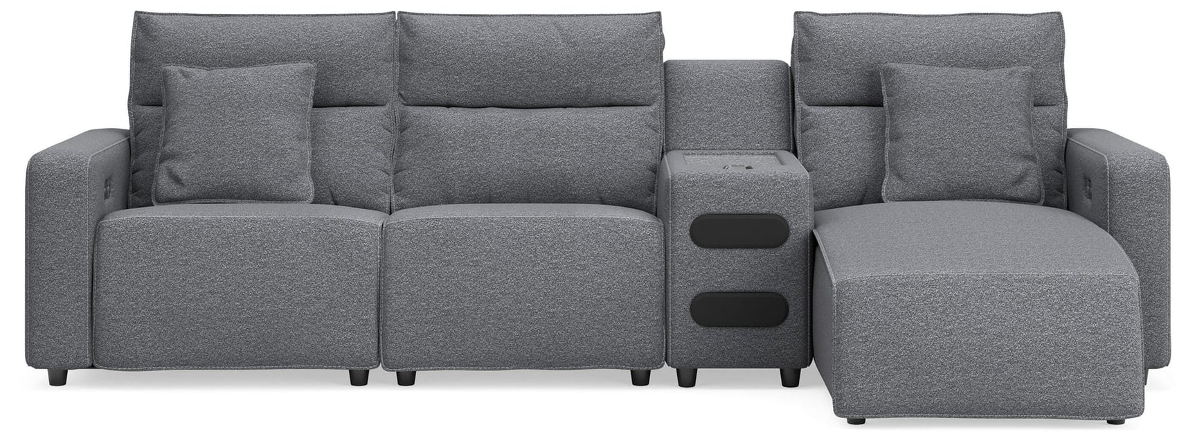 Modmax II Salt and Pepper Next-Gen Nuvella™ 4-Piece Reclining Sectional with Chaise and Audio Console from Ella Furniture