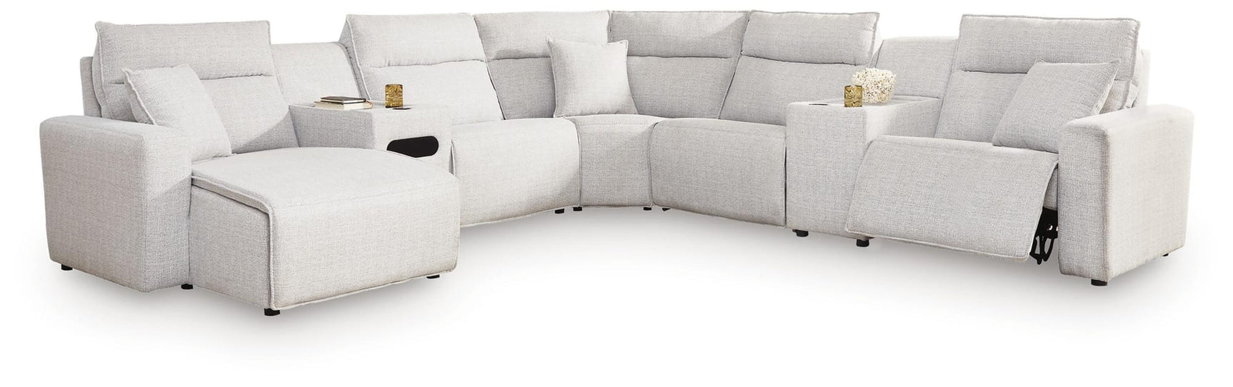 Modmax II Stone 7-Piece Power Reclining Sectional with Chaise and Audio Console from Ella Furniture