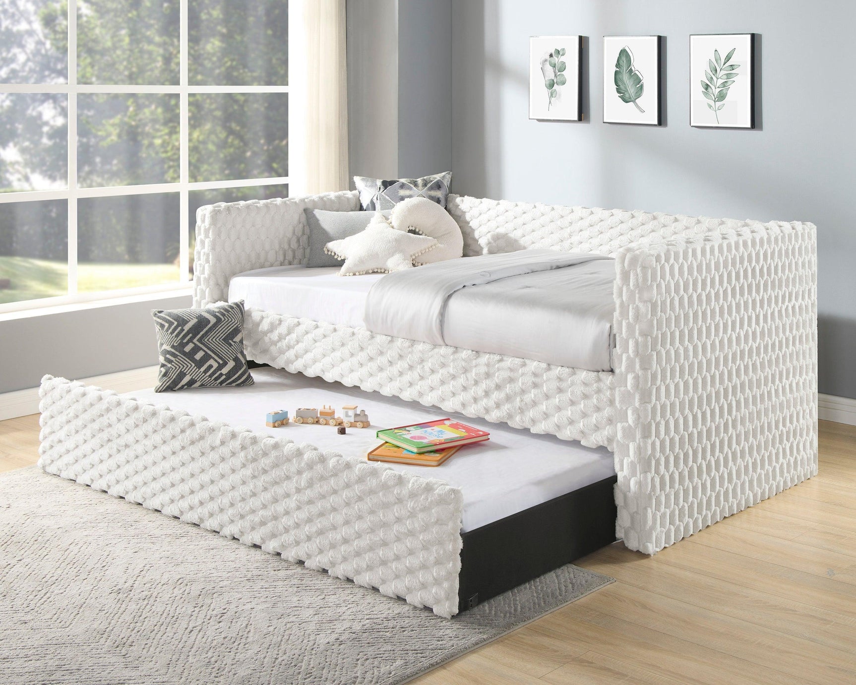 Molly White Dove Modern Solid Wood Velvet Upholstered Trundle Daybed - Ella Furniture