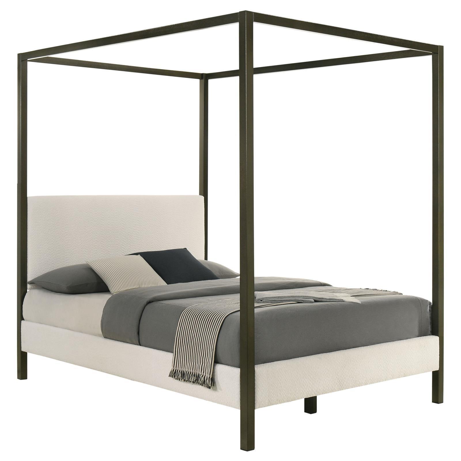 Monroe Upholstered Eastern King Canopy Platform Bed Vanilla And Bronze 300834Ke - Ella Furniture