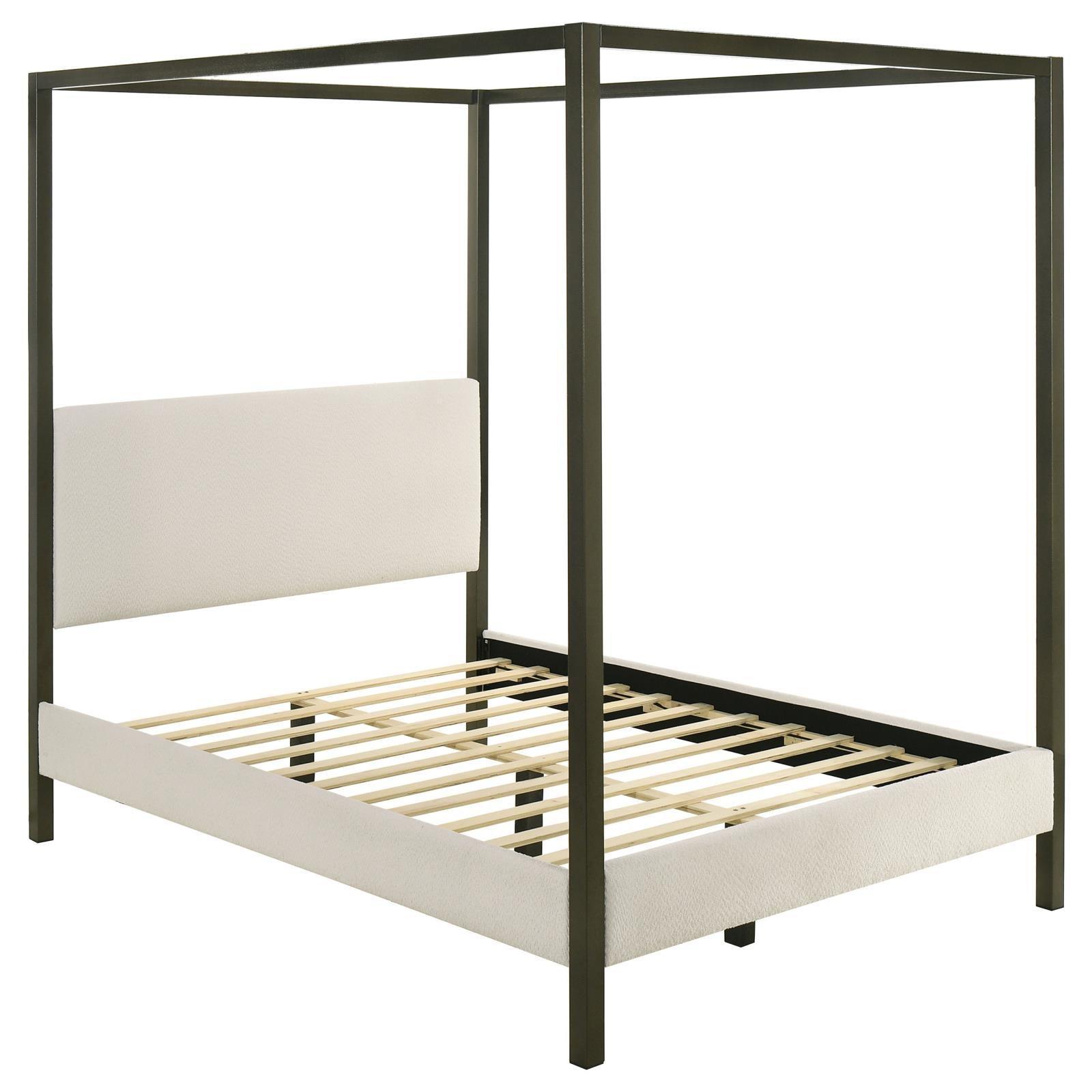 Monroe Upholstered Queen Canopy Platform Bed Vanilla And Bronze 300834Q - Ella Furniture