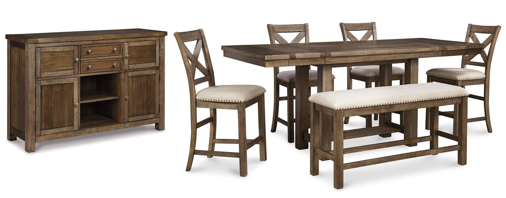Moriville Grayish Brown Counter Height Dining Table And 4 Barstools And Bench With Storage - Ella Furniture