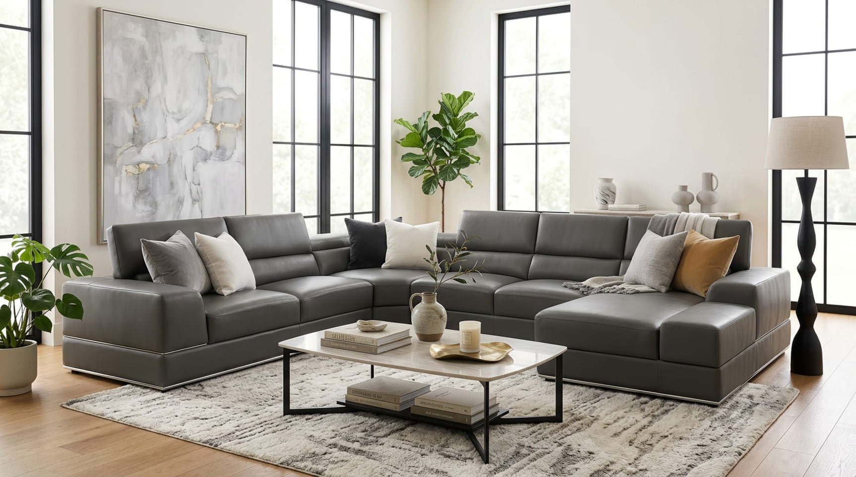 Nella Dark Grey U-Shaped Italian Leather Match Sectional Sofa 4-Piece Set from Ella Furniture