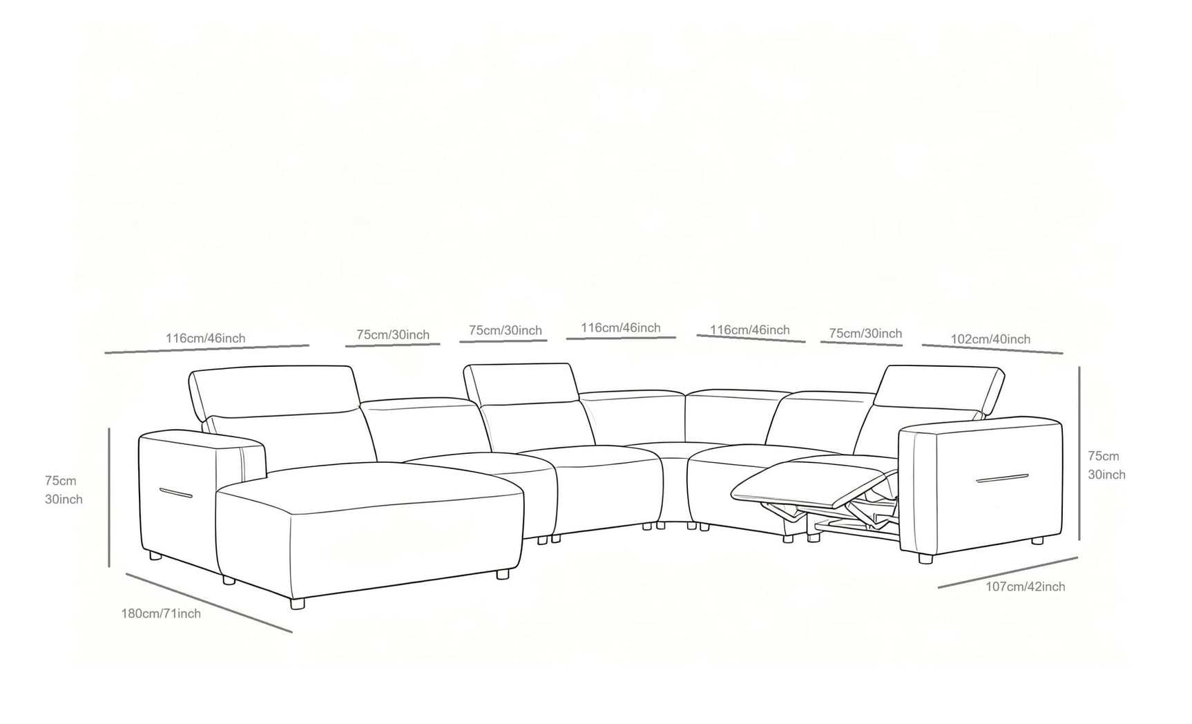 Noel Grey 6-Piece Italian Leather Power Reclining Sectional with Left-Facing Chaise and Right Arm Recliner view 17