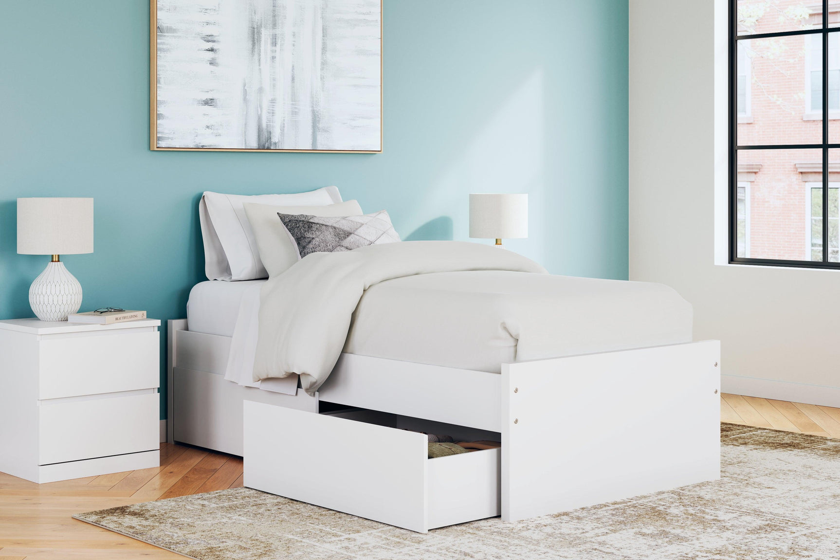 Onita White Twin Platform Bed with 1 Side Storage - Ella Furniture